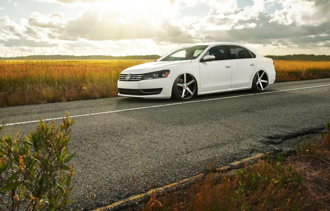 Photo wallpaper field, glare, Volkswagen, white, Front, Passat