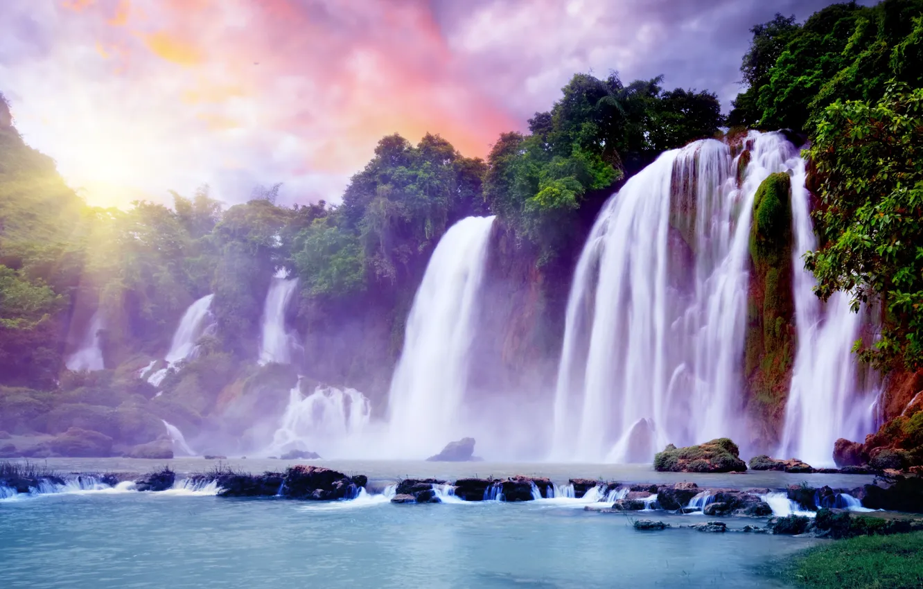 Photo wallpaper the sky, the sun, clouds, tropics, Paradise, waterfall, beautiful, Beautiful waterfall