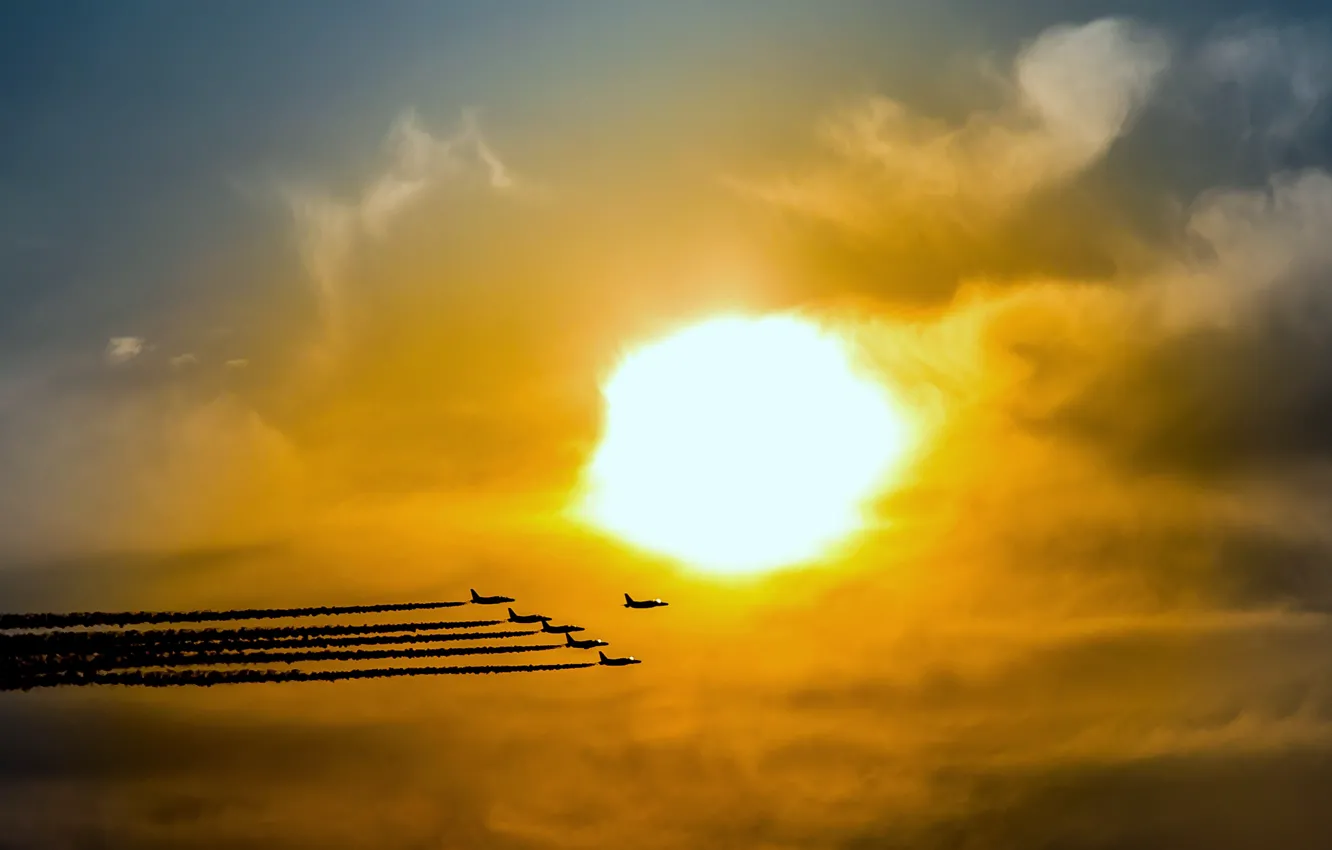 Photo wallpaper aerobatics, Blue Impulse, Kawasaki T-4, JASDF