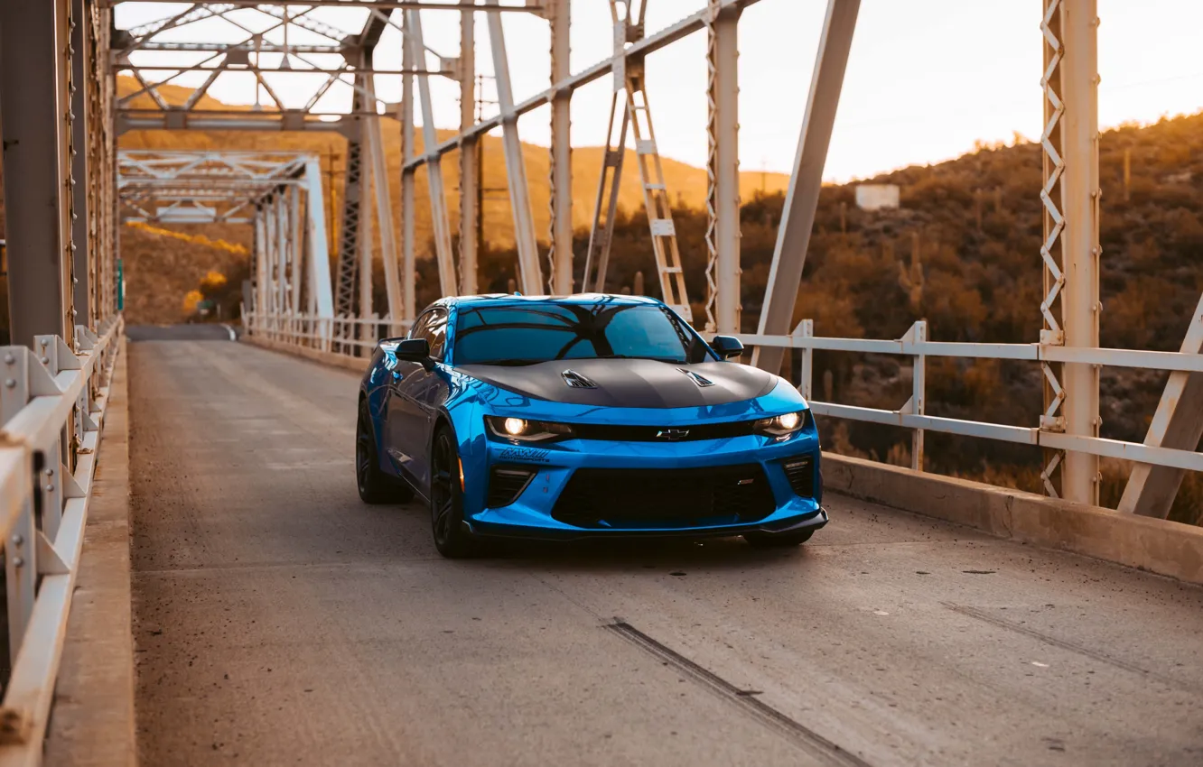 Photo wallpaper car, autumn, blue, bridge, lights, Chevrolet, gloss, Camaro