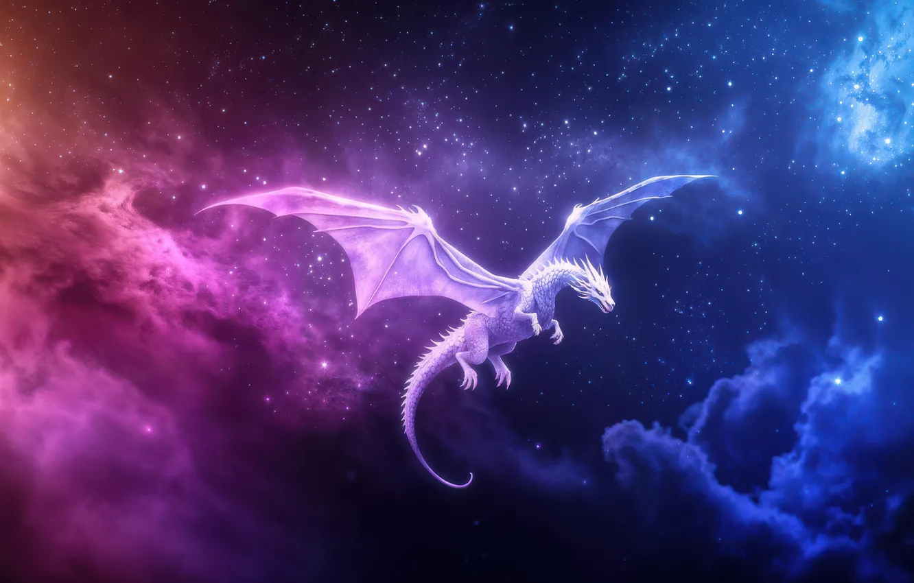 Photo wallpaper space, red, white, flying, wings, stars, dragon, digital art