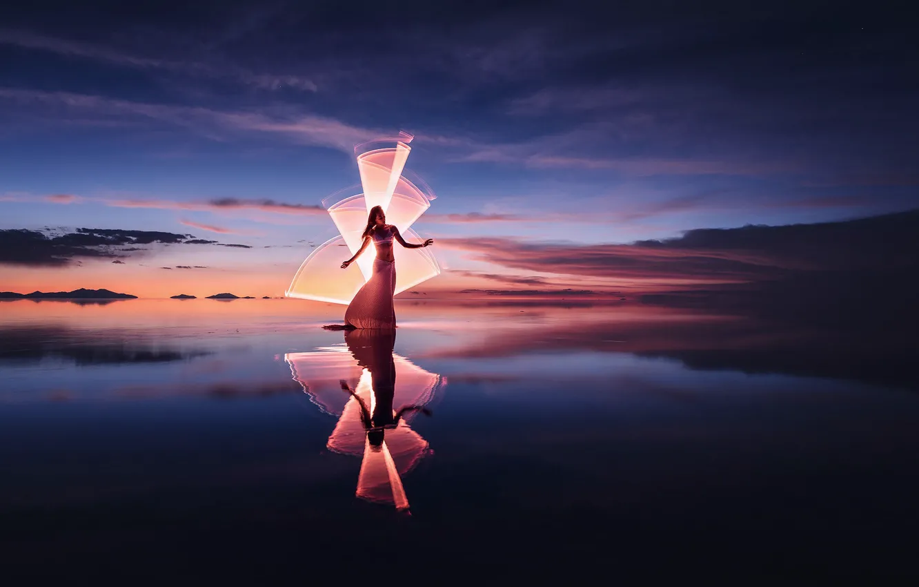 Photo wallpaper figures, style, reflection, shore, dance, night, girl, light-graphic