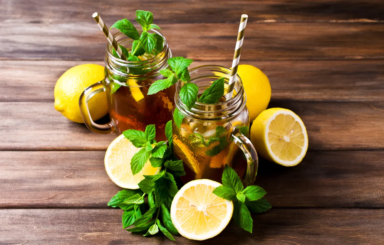 Photo wallpaper lemon, tea, mug, lemon, drink, mint, drink, cocktail
