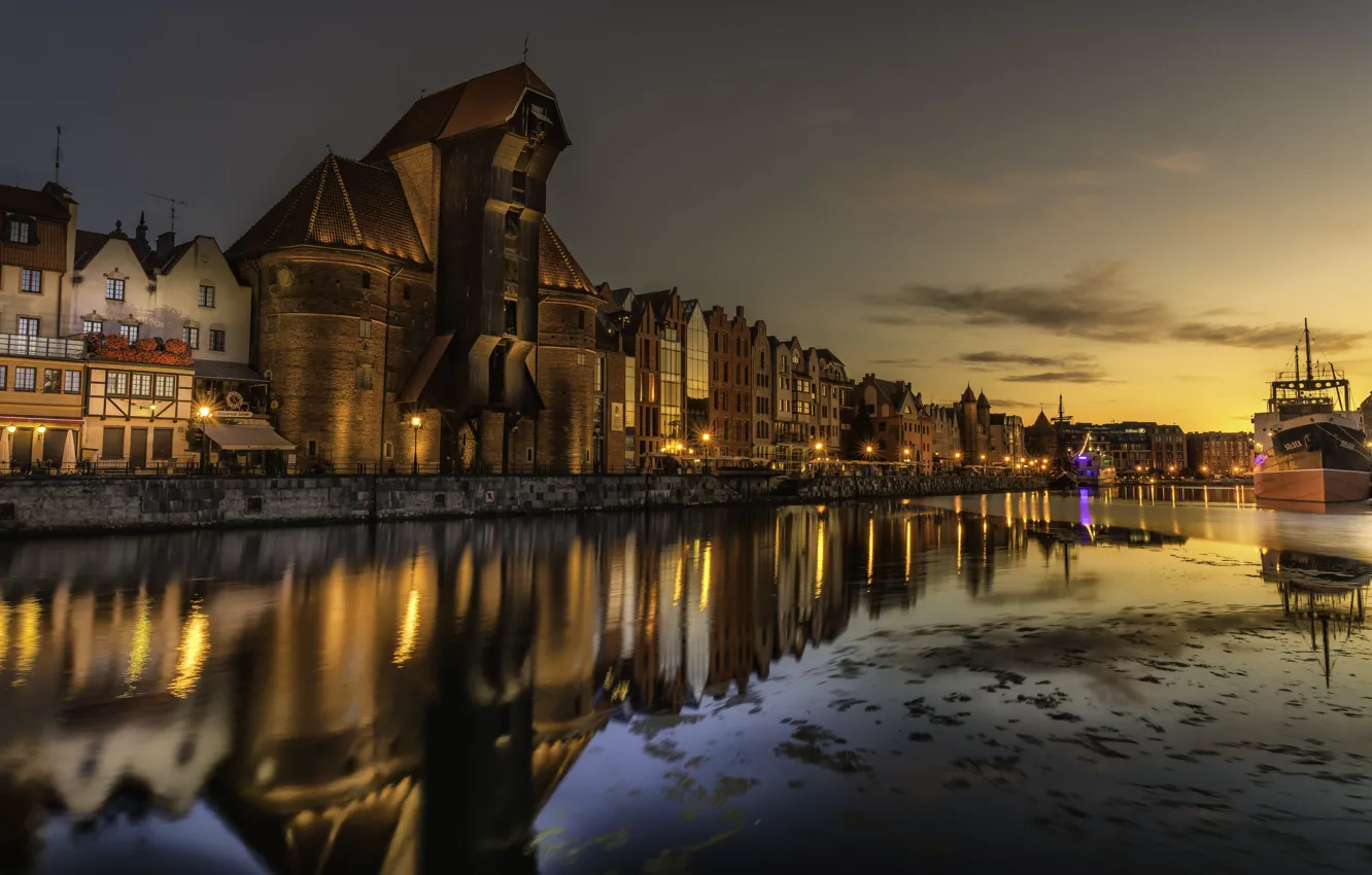 Photo wallpaper the city, river, ship, home, the evening, lighting, Poland, Gdansk