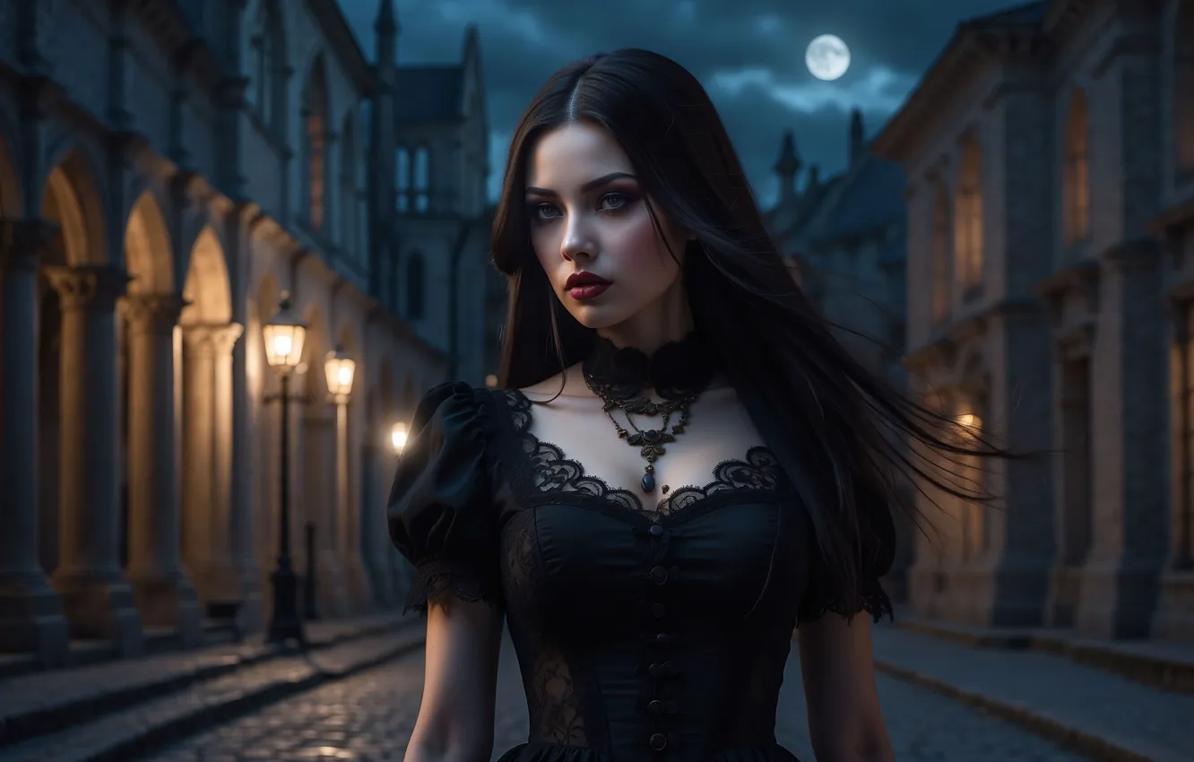 Photo wallpaper girl, night, the city, Gothic, the moon, brunette, fantasy, in black