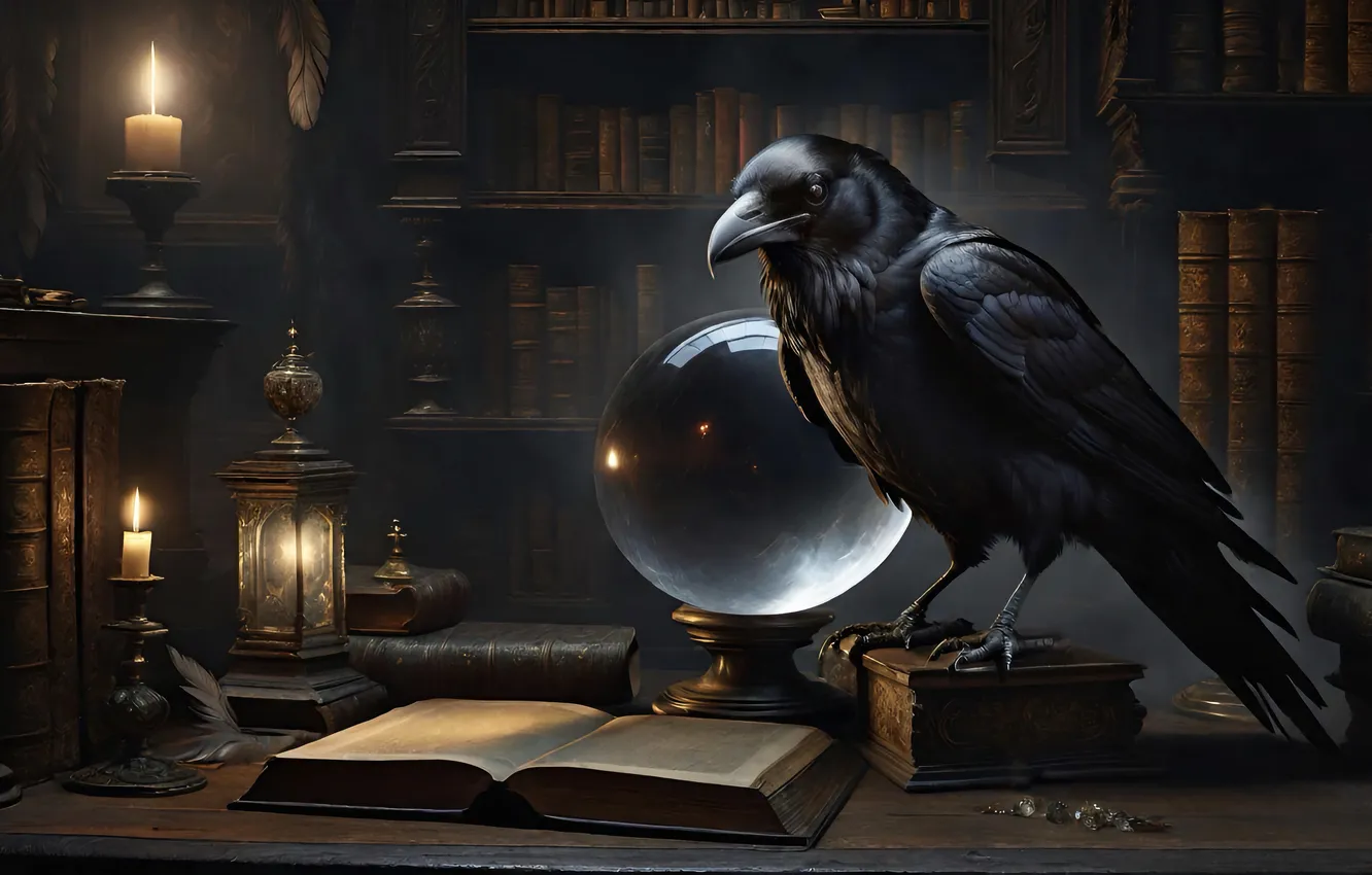 Photo wallpaper crows, book, Raven, bird, AI art, neural network