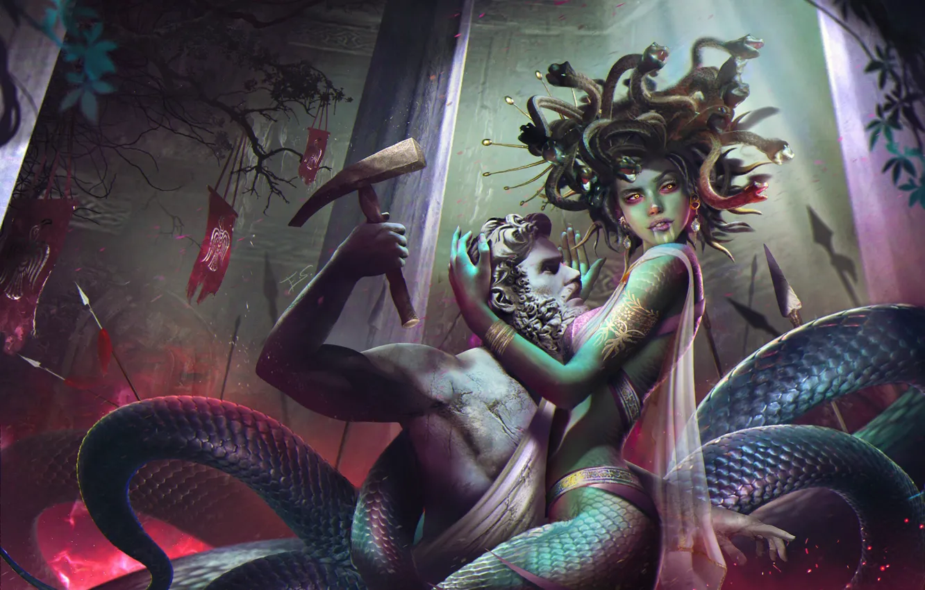 Photo wallpaper woman, snake, statue, monster, art, myth, The Gorgon Medusa, Medusa Gorgon