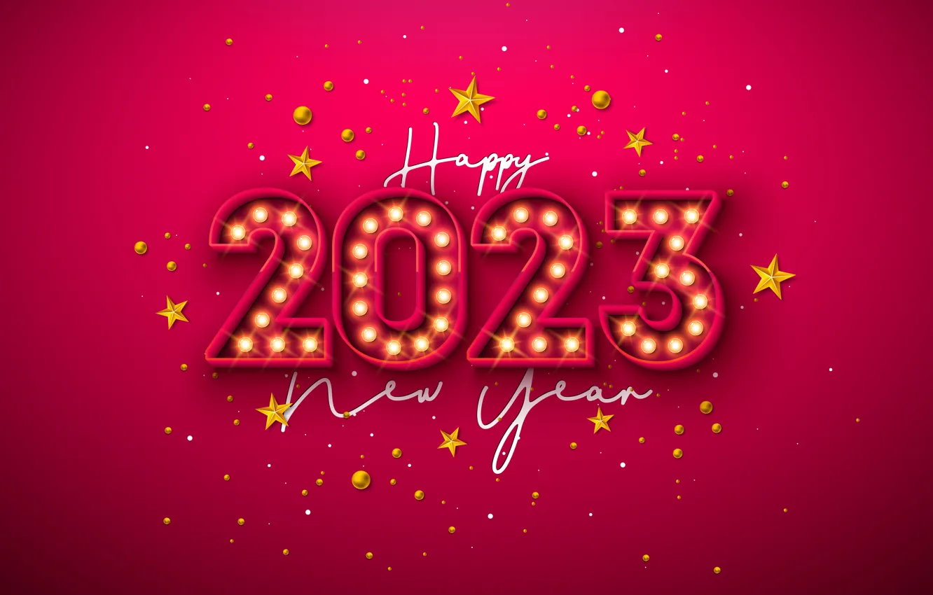 Photo wallpaper new year, figures, pink background, stars, light bulb, red background, date, 2023