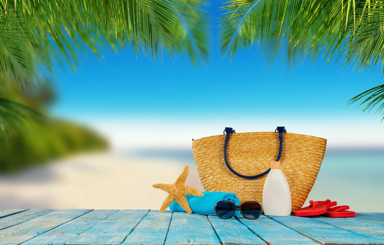 Photo wallpaper sand, sea, wave, beach, summer, the sky, palm trees, shore