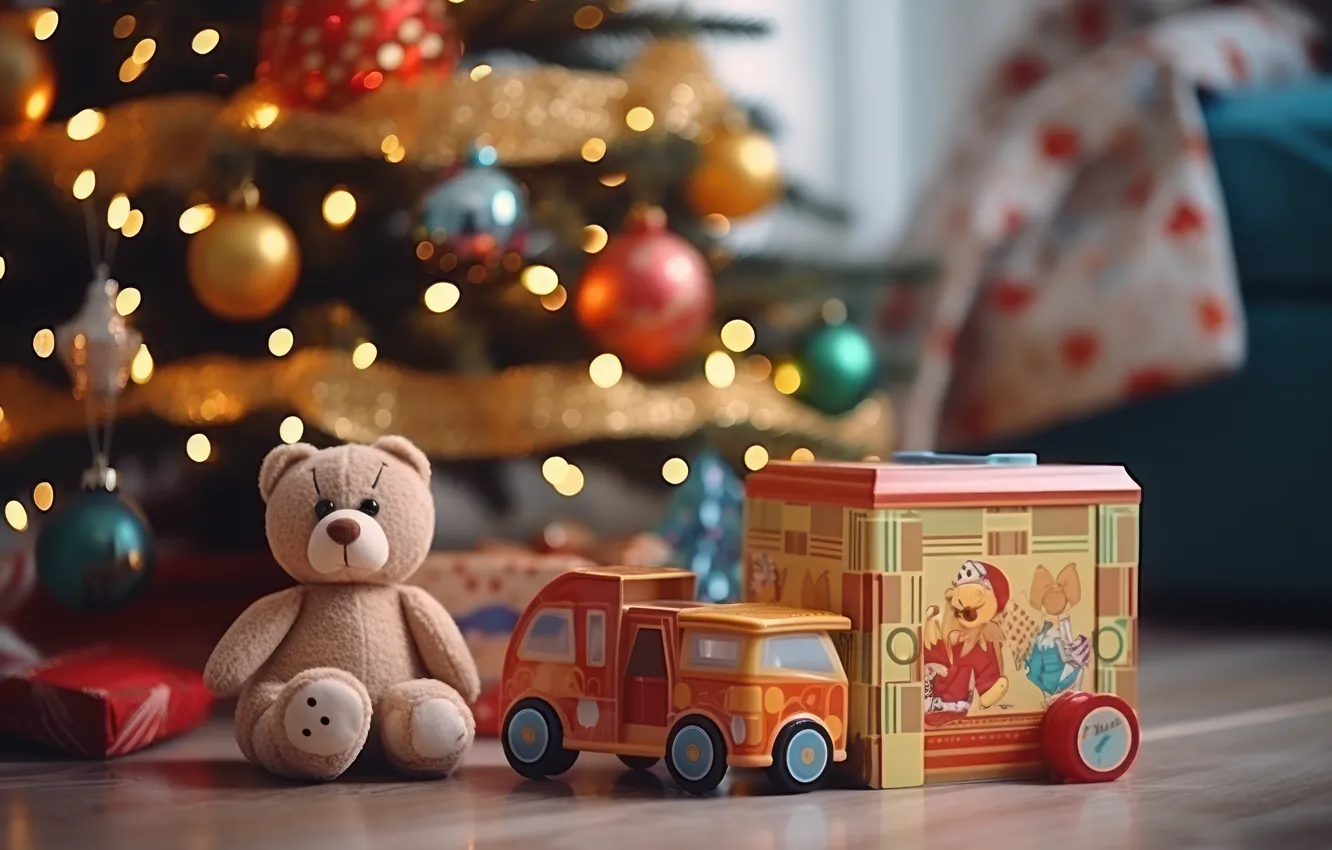 Photo wallpaper toy, new year, Christmas, bear, bear, machine, herringbone, Christmas tree