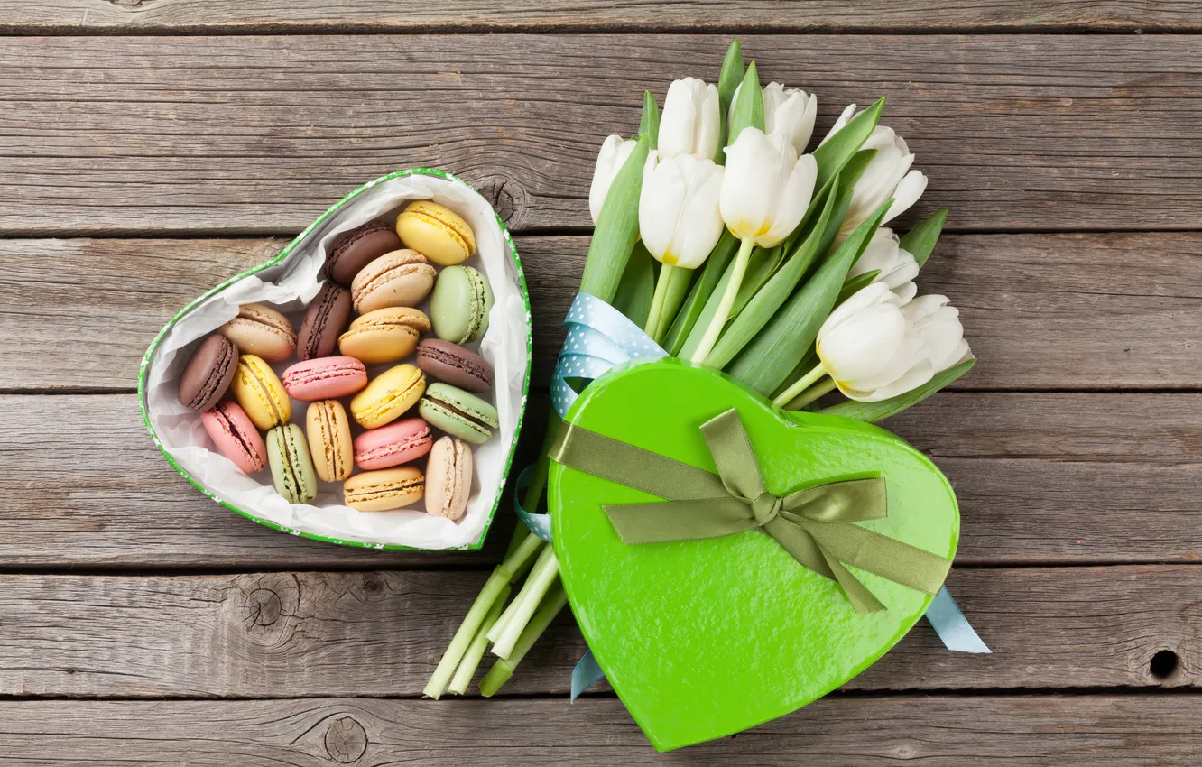Photo wallpaper flowers, red, gift, bouquet, tulips, love, white, heart