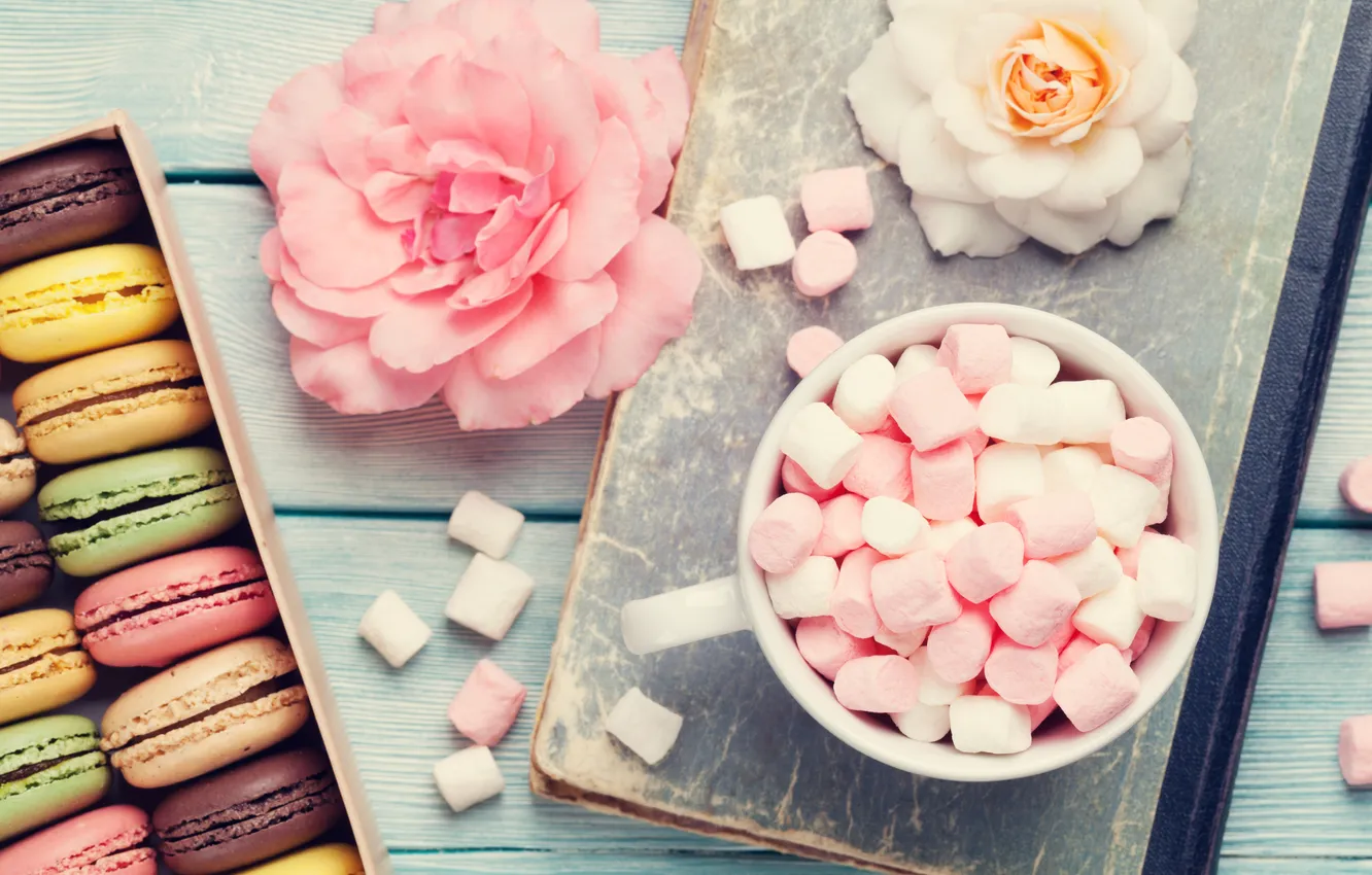 Photo wallpaper flowers, gift, colorful, wood, pink, flowers, macarons, gift box