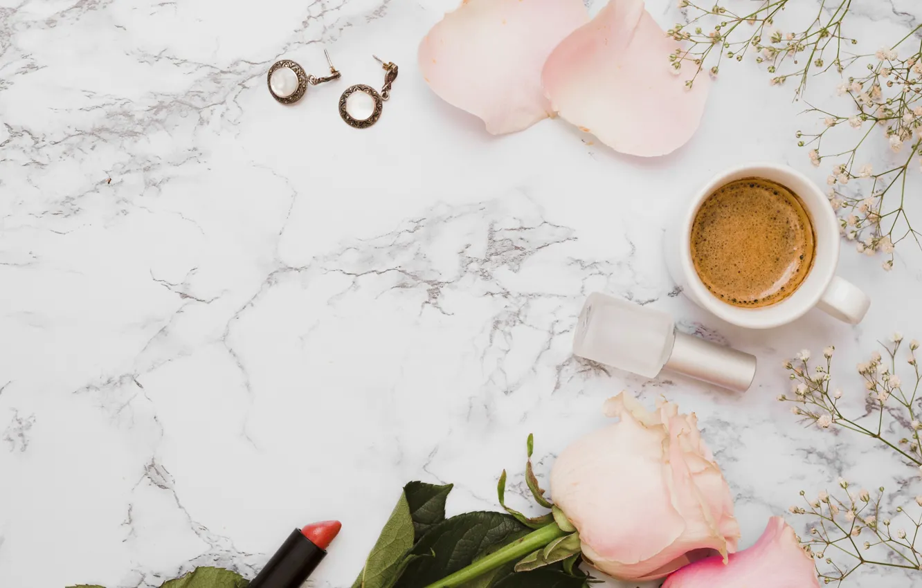 Photo wallpaper flowers, roses, bouquet, pink, flowers, coffee cup, roses, a Cup of coffee