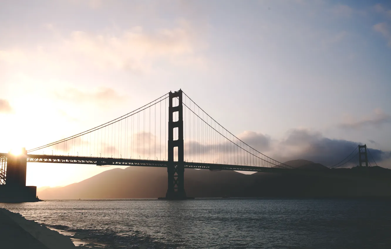 Photo wallpaper water, sunset, bridge, the ocean, San Francisco, Golden Gate, suspension bridge