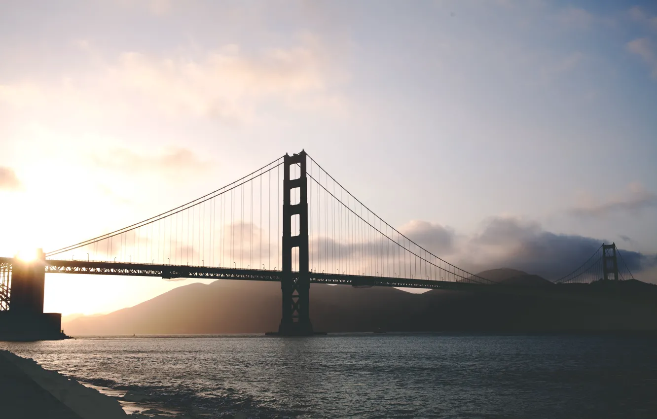 Photo wallpaper water, sunset, bridge, the ocean, San Francisco, Golden gate, suspension bridge