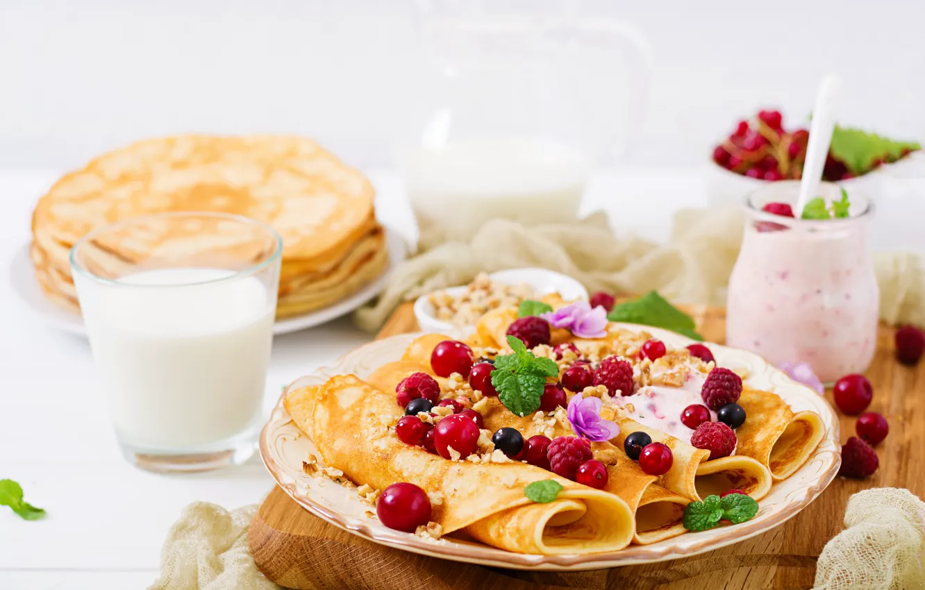 Photo wallpaper berries, food, Breakfast, pancakes, yogurt, Timolina