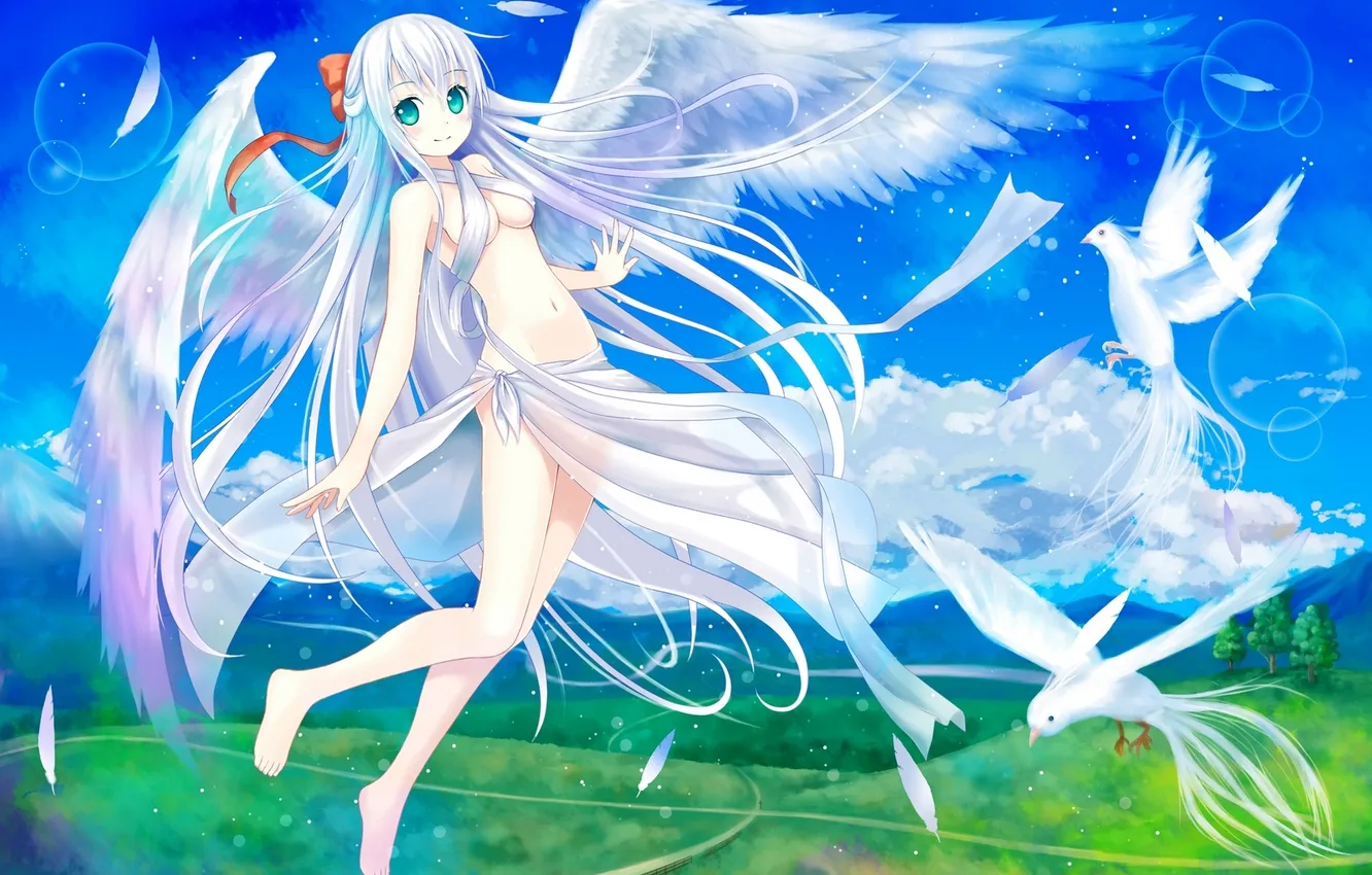 Photo wallpaper look, girl, smile, bird, wings, angel, feathers, art