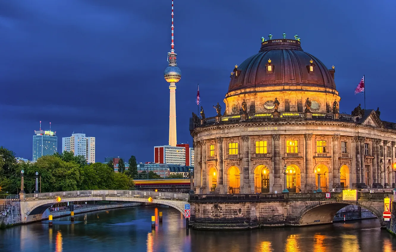 Photo wallpaper light, night, bridge, the city, river, building, Germany, window