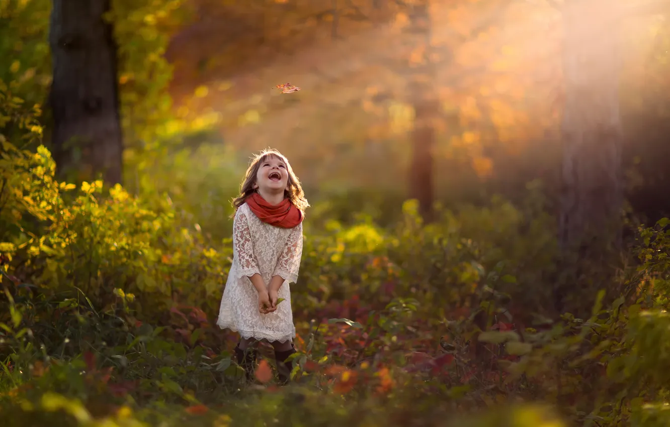Photo wallpaper autumn, forest, sheet, laughter, girl