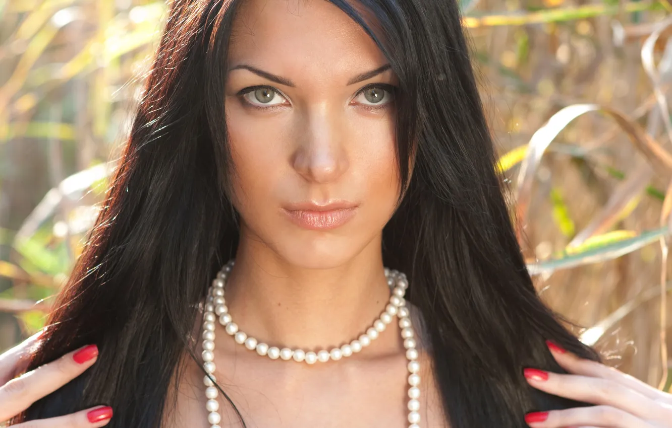 Photo wallpaper field, girl, necklace, brunette, wallpaper, girl, sexy