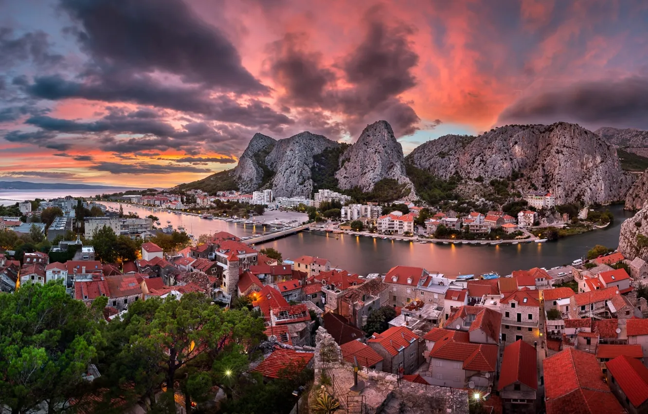 Photo wallpaper sunset, mountains, building, panorama, Croatia, Croatia, The Adriatic sea, Adriatic Sea