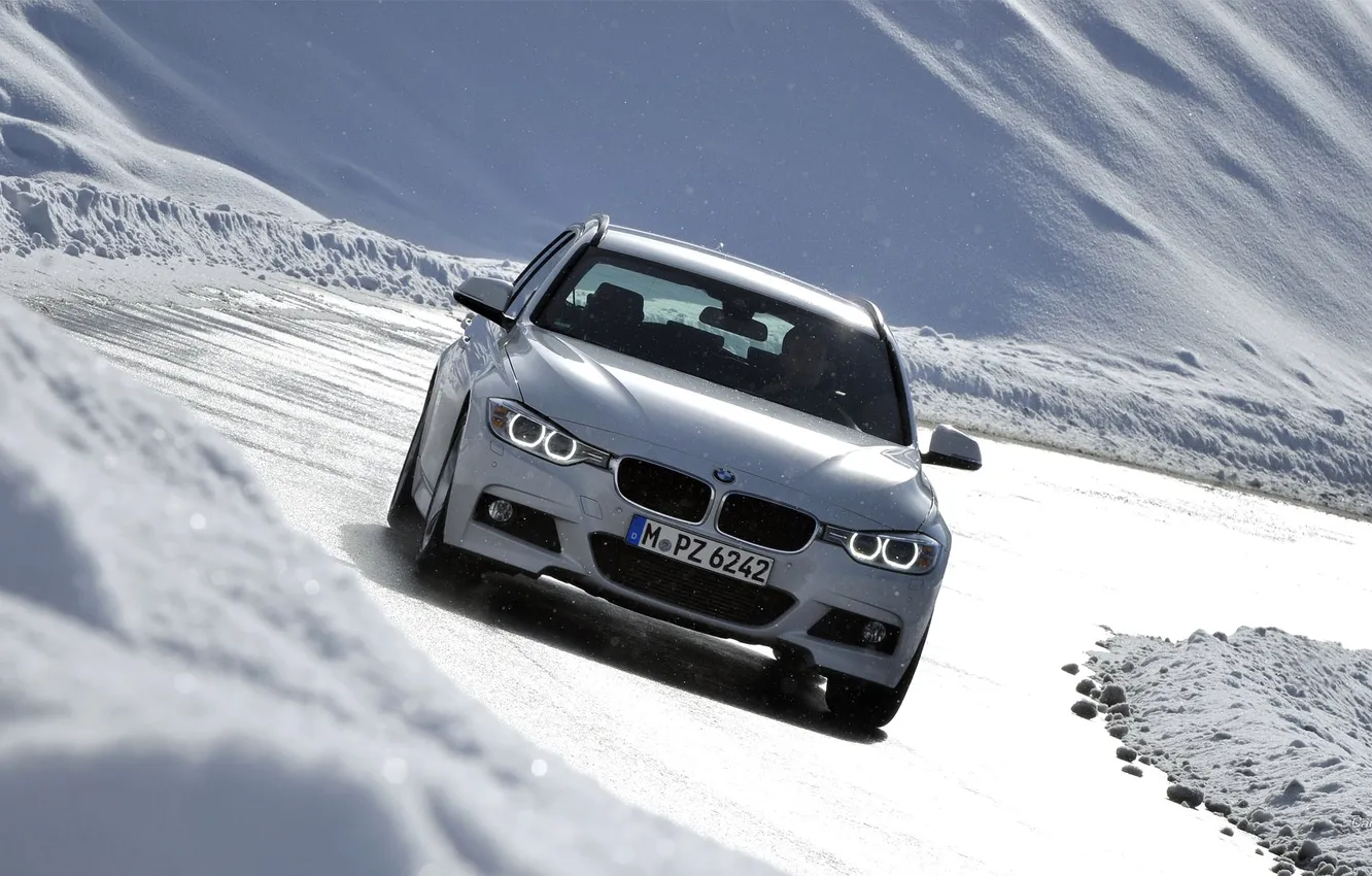 Photo wallpaper winter, road, snow, turn, slope, bias, BMW M3, BMW M3