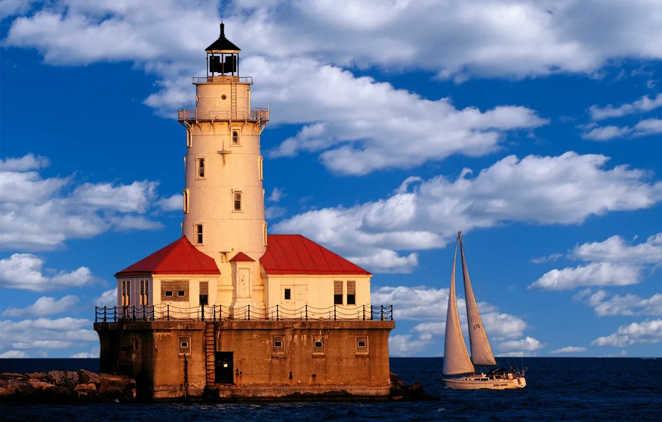 Photo wallpaper Lighthouse, Yacht, Chicago