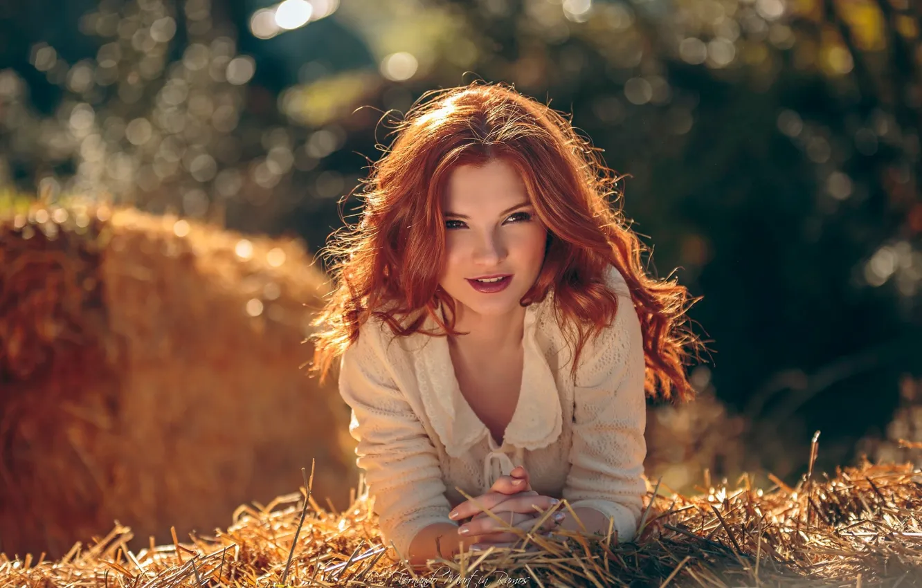 Photo wallpaper girl, the sun, glare, portrait, makeup, hairstyle, hay, beautiful