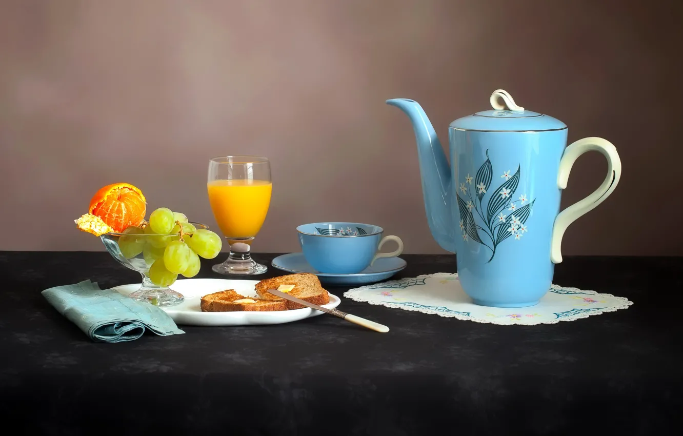 Photo wallpaper kettle, juice, bread, grapes, Cup, fruit, tangerines