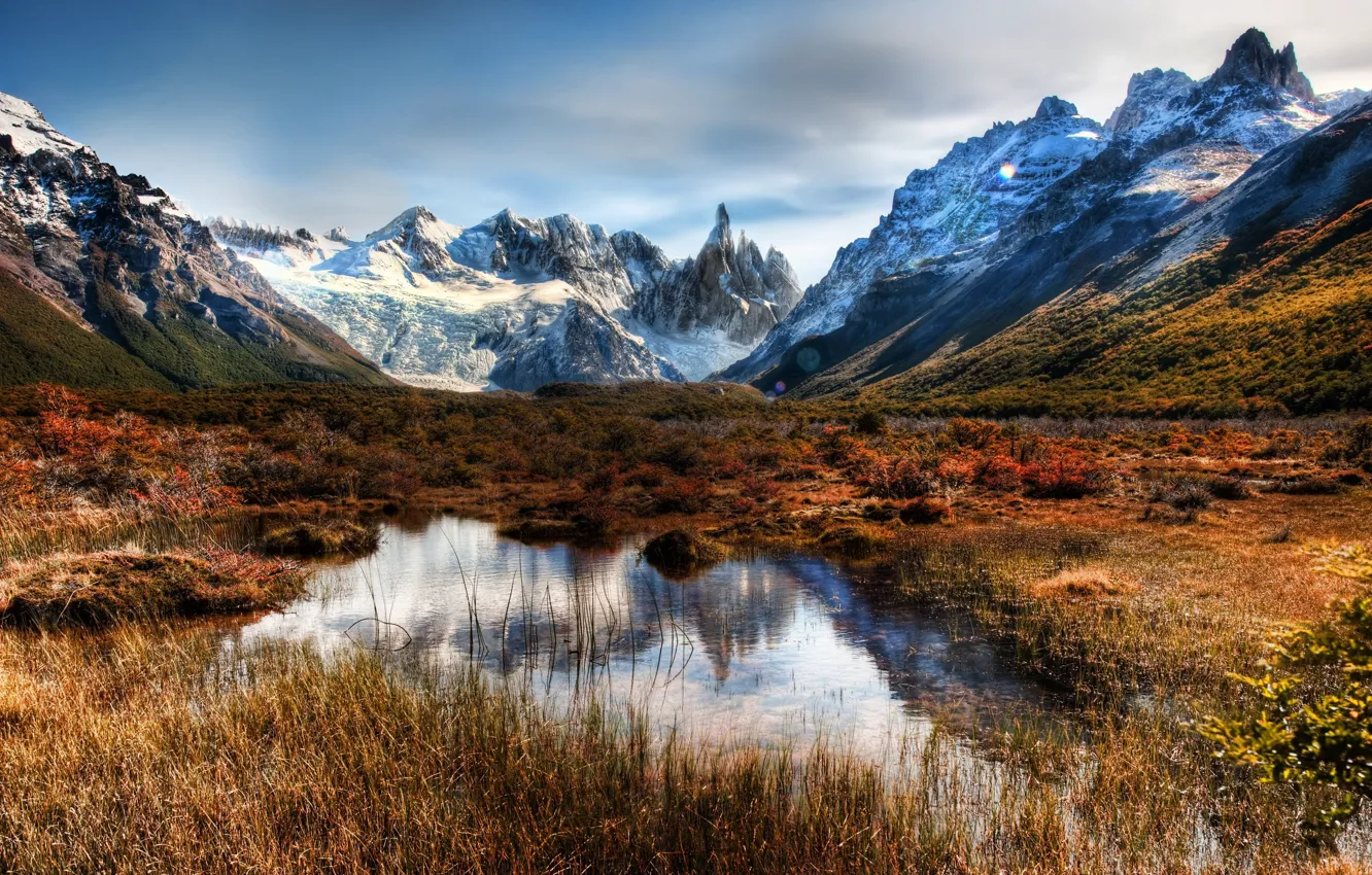 Photo wallpaper grass, HDR, Mountains, puddle