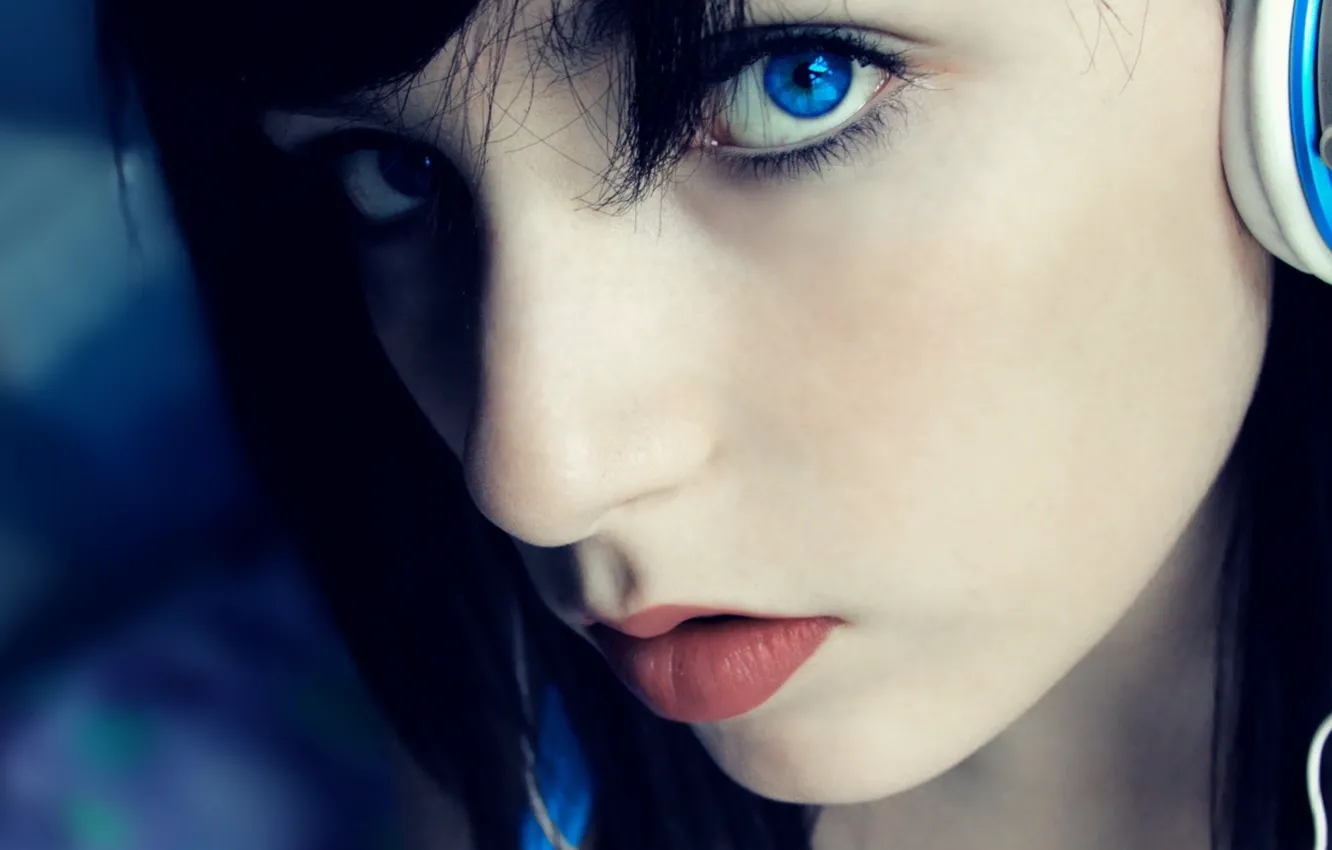 Photo wallpaper look, girl, headphones, lips, blue eyes