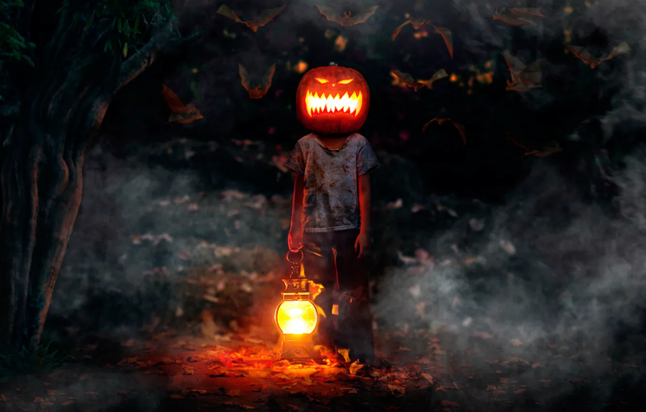 Photo wallpaper boy, pumpkin, bats, horror, Happy Halloween