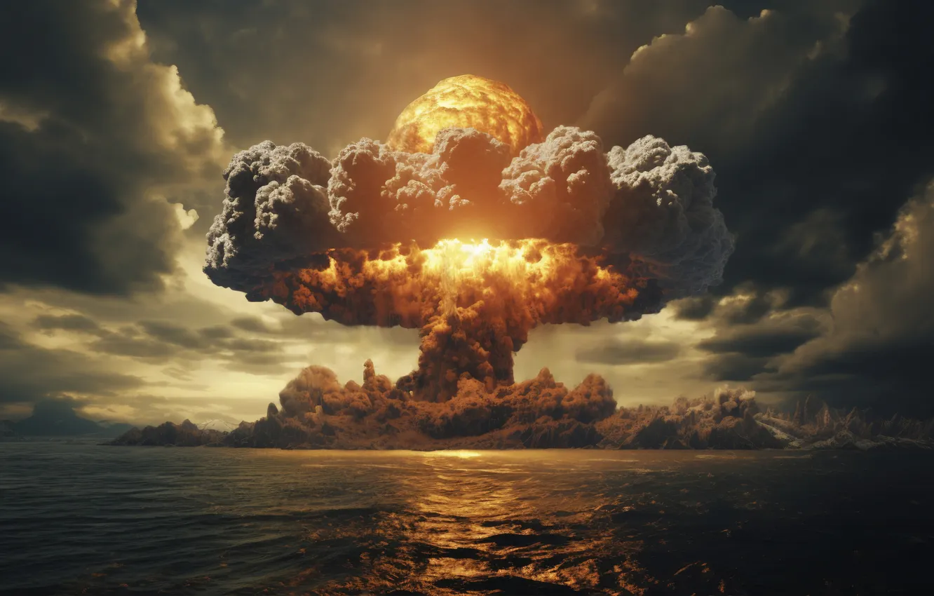 Photo wallpaper sea, clouds, the explosion, mushrooms, a nuclear explosion, digital art, nuclear weapons, AI art