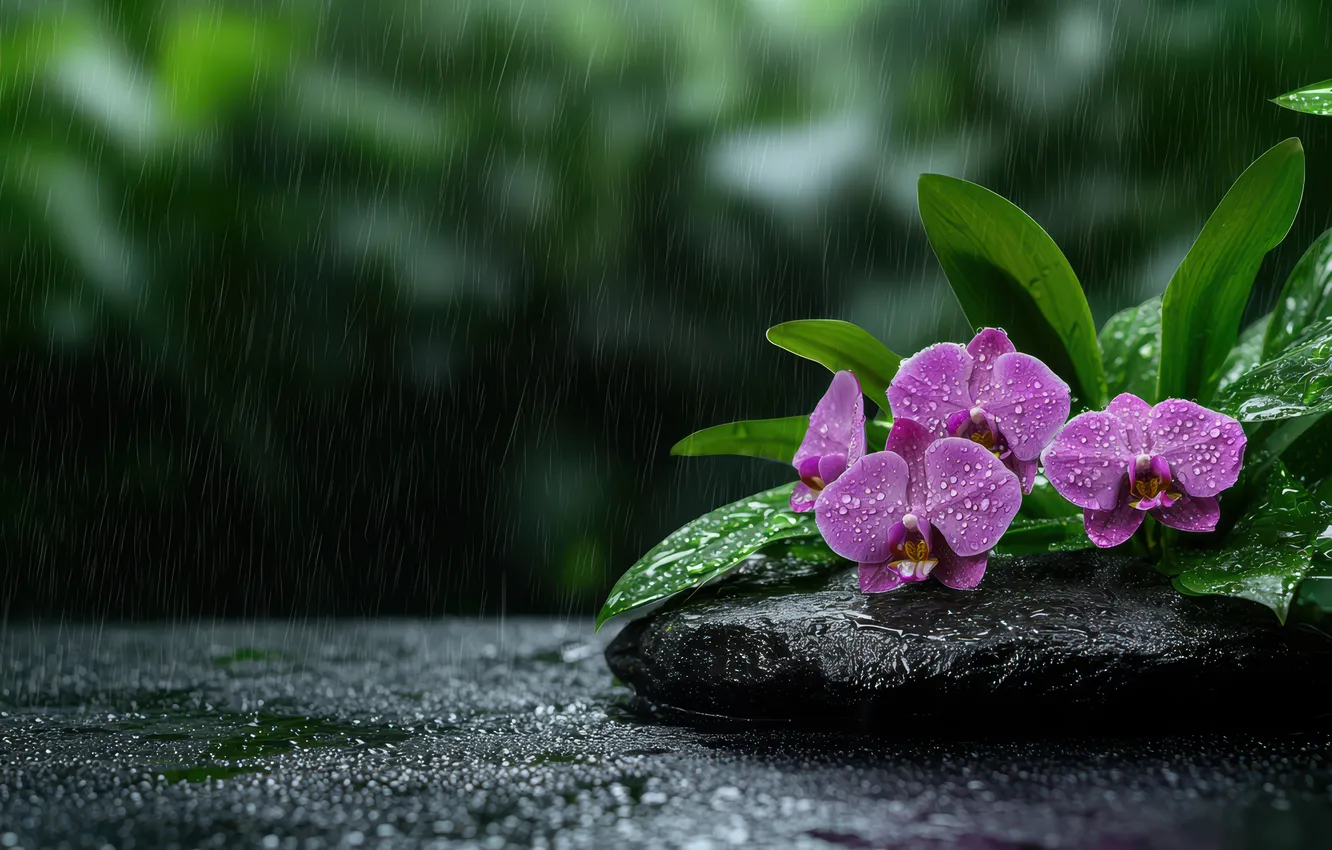 Photo wallpaper leaves, drops, flowers, rain, stone, moisture, orchids, Orchid