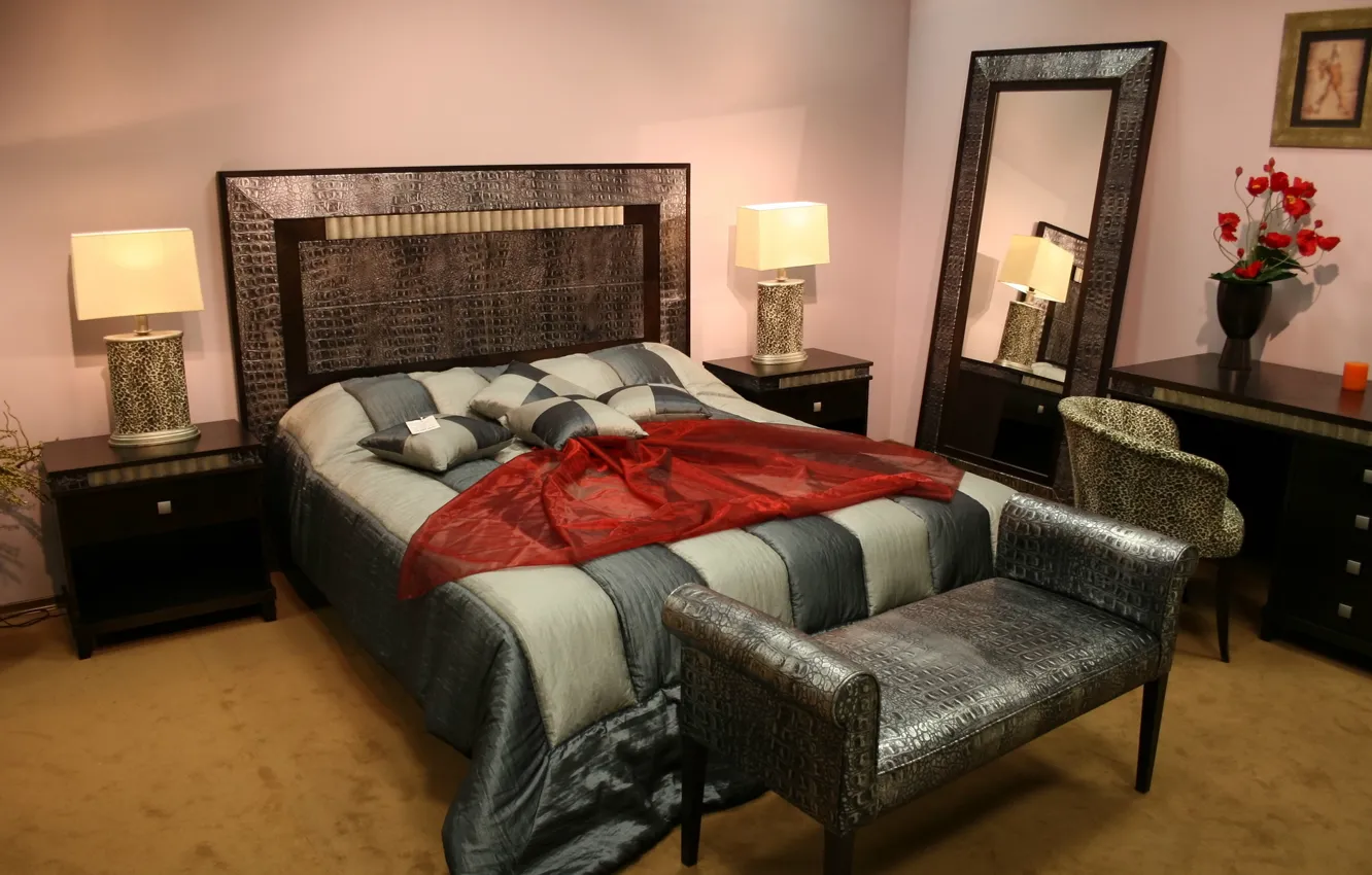 Photo wallpaper flowers, design, style, table, lamp, bed, interior, bouquet