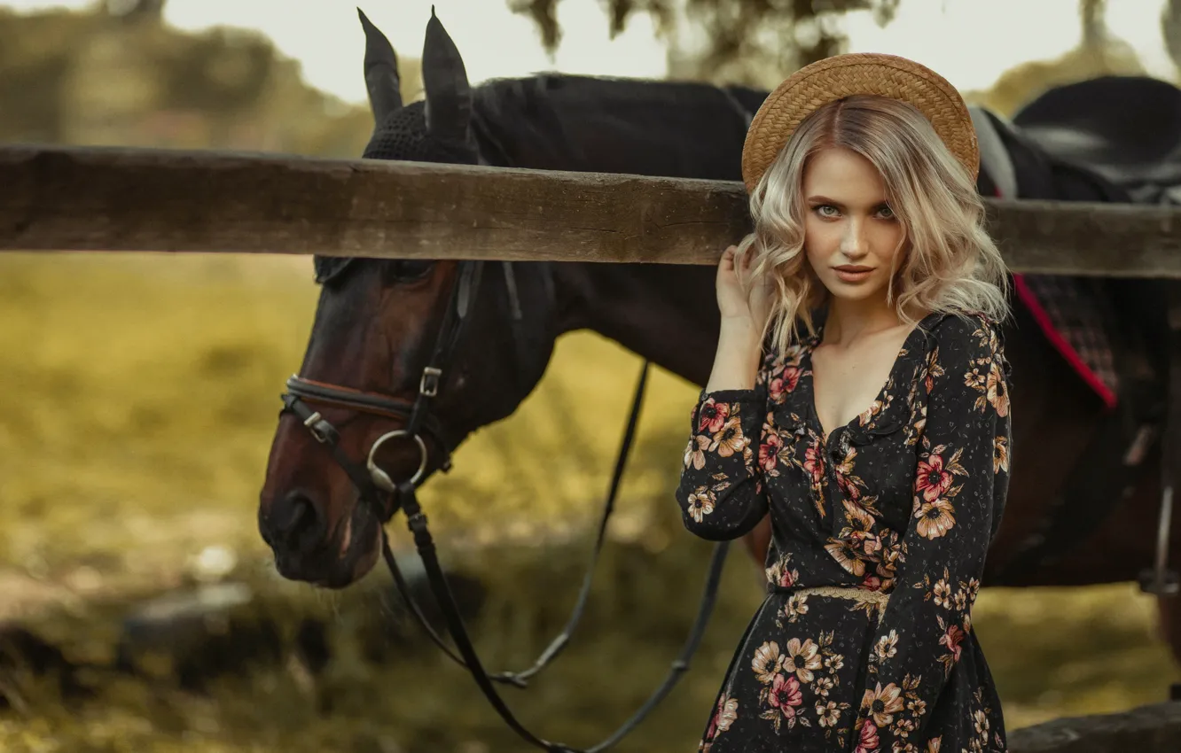 Photo wallpaper look, girl, pose, horse, horse, hat, Ivan Kovalev, Victoria Bachurina