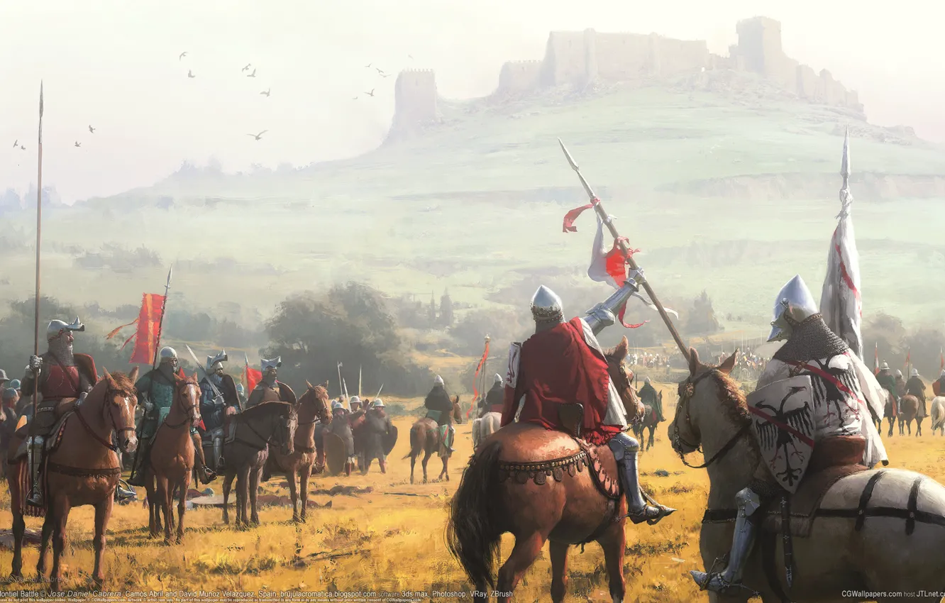 Photo wallpaper castle, horse, hills, horse, battle, the battle, knight, the middle ages