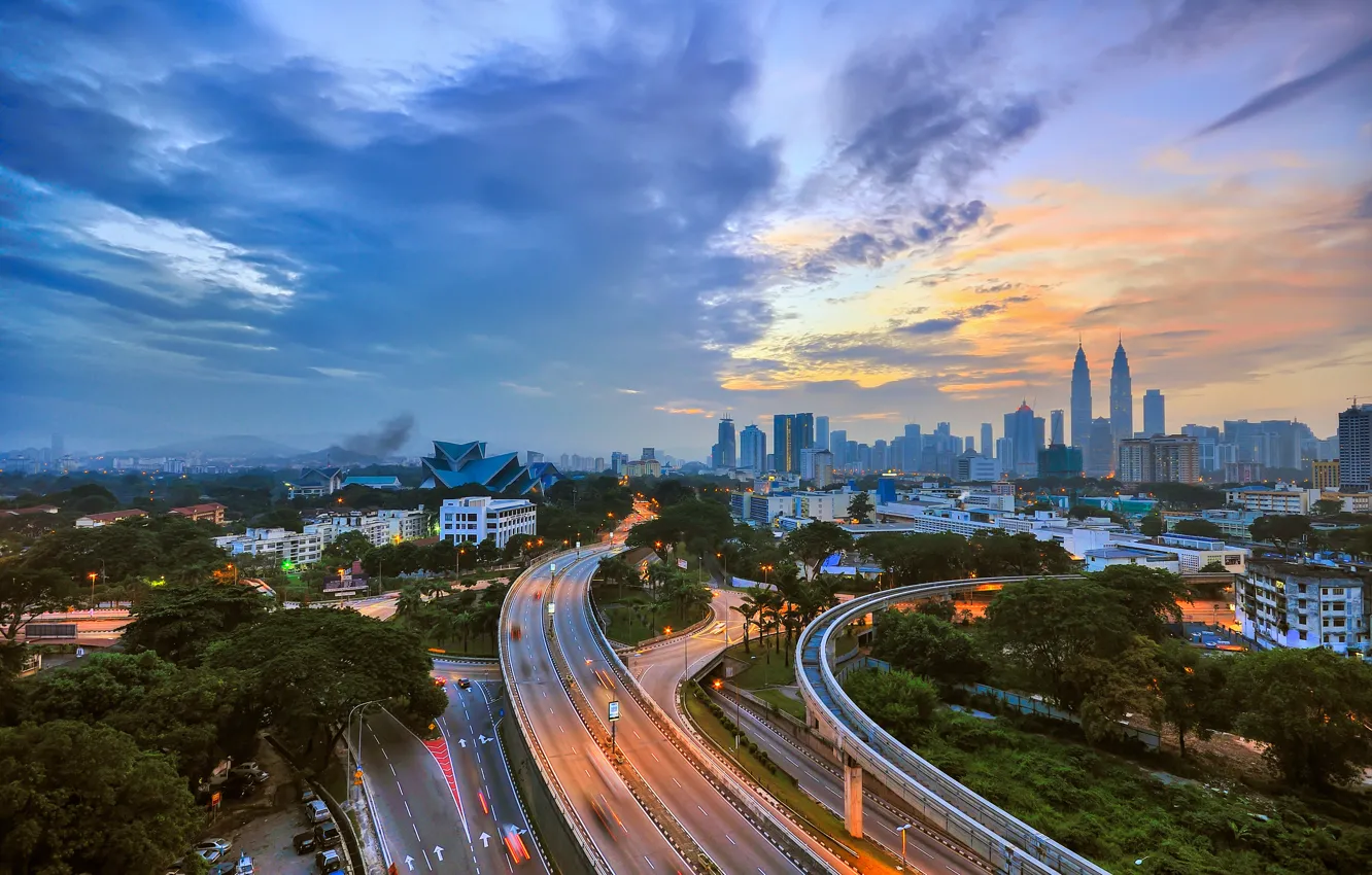 Photo wallpaper road, skyscrapers, highway, road, Malaysia, skyscrapers, Kuala Lumpur