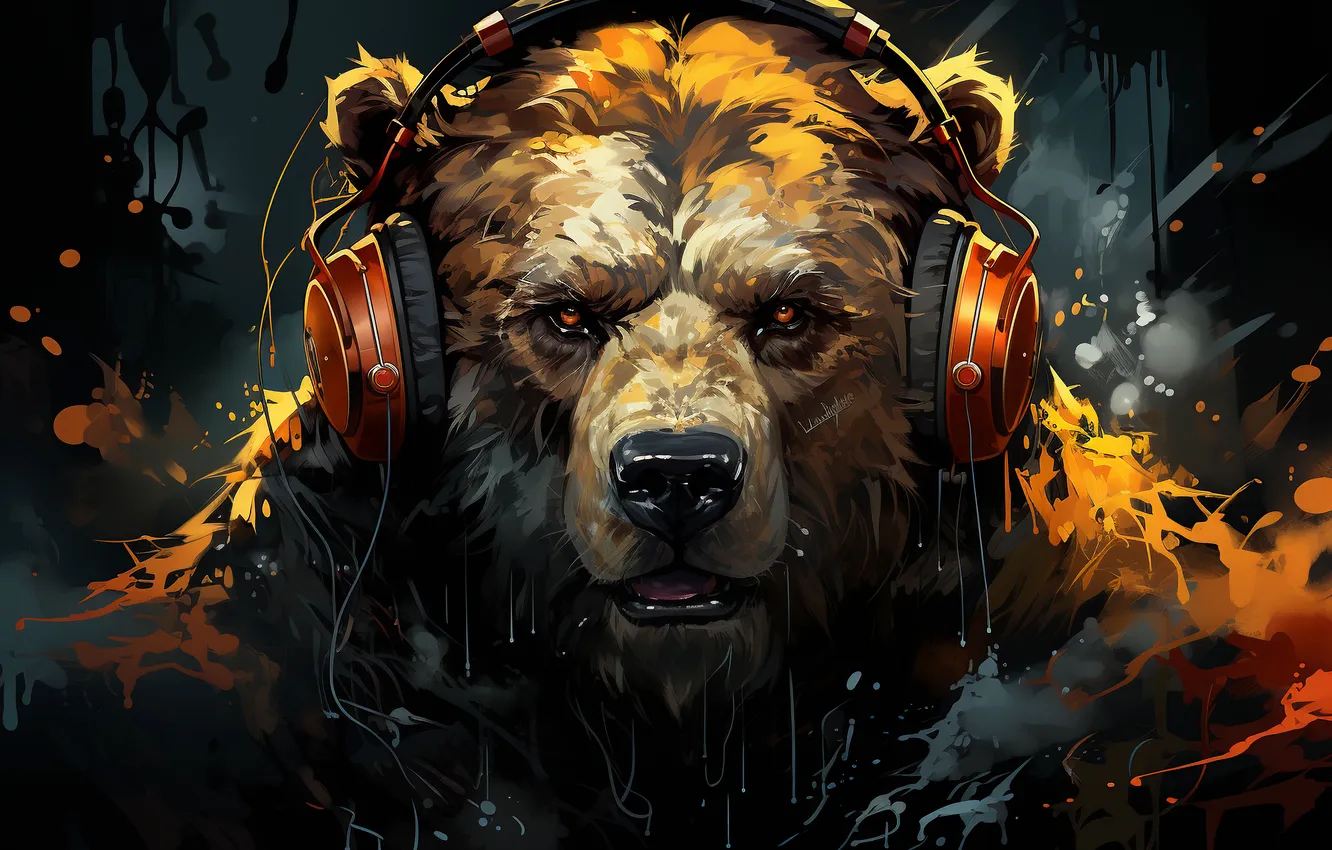 Photo wallpaper look, face, headphones, bear, brown bear, digital art, AI art, The Art of Artificial Intelligence
