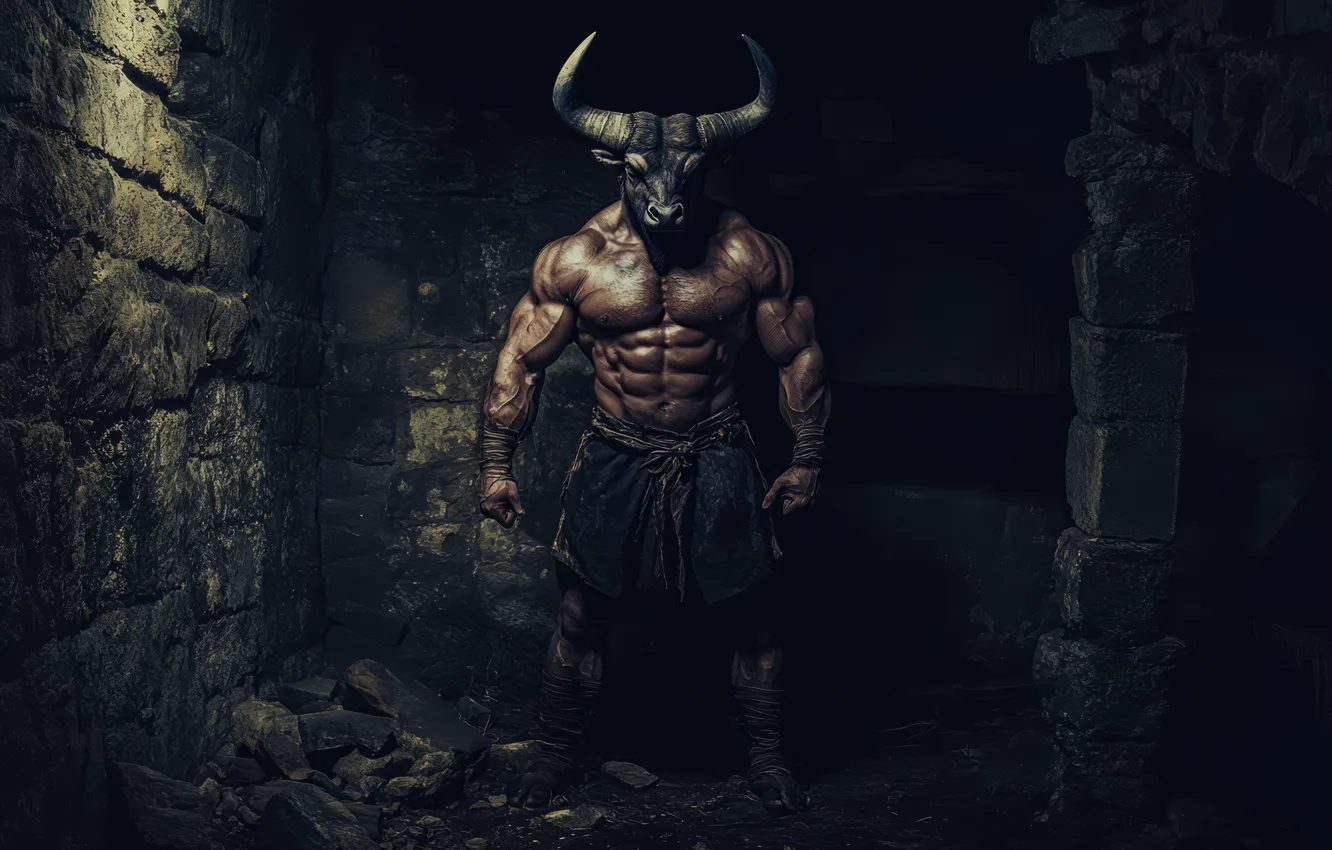 Photo wallpaper monster, front, the Minotaur, digital art, mythology, AI art, The Art of Artificial Intelligence, The …