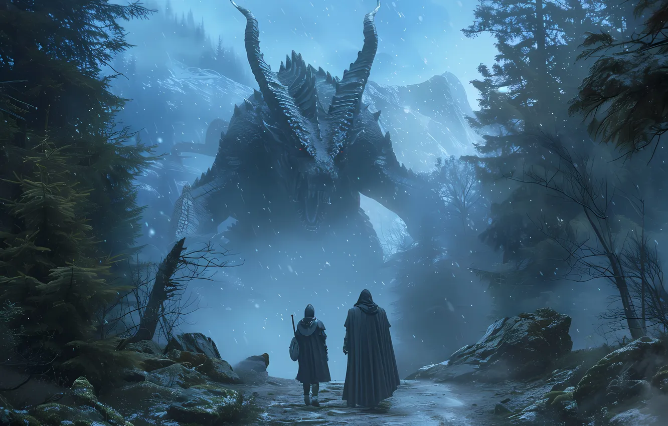 Photo wallpaper road, mountains, people, monster, being, horns, digital art, AI art