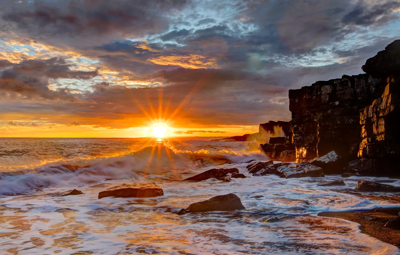 Photo wallpaper sea, beach, sunset, rocks, shore, coast, the evening