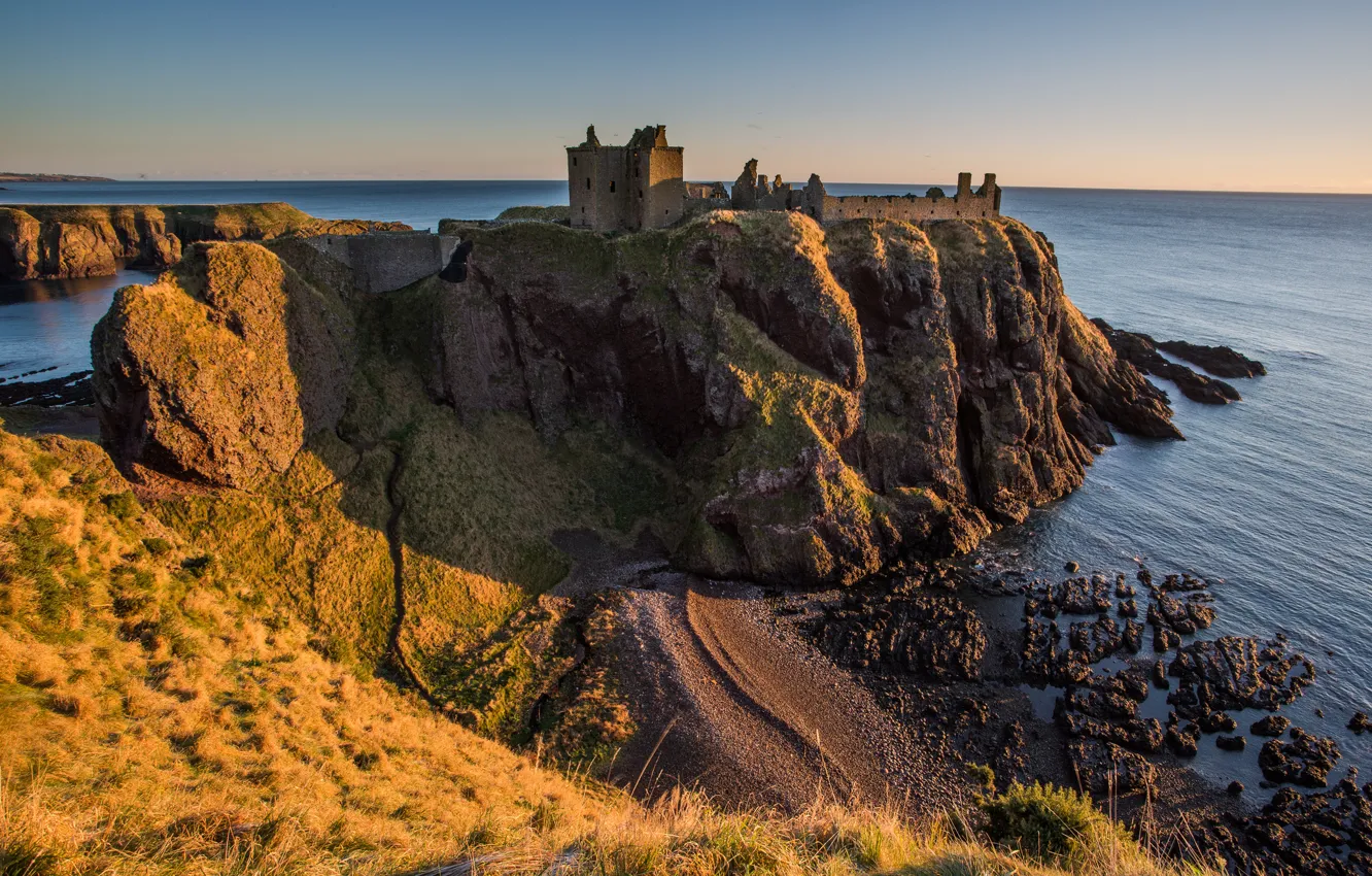 Photo wallpaper sea, the sky, sunset, rocks, tower, fortress