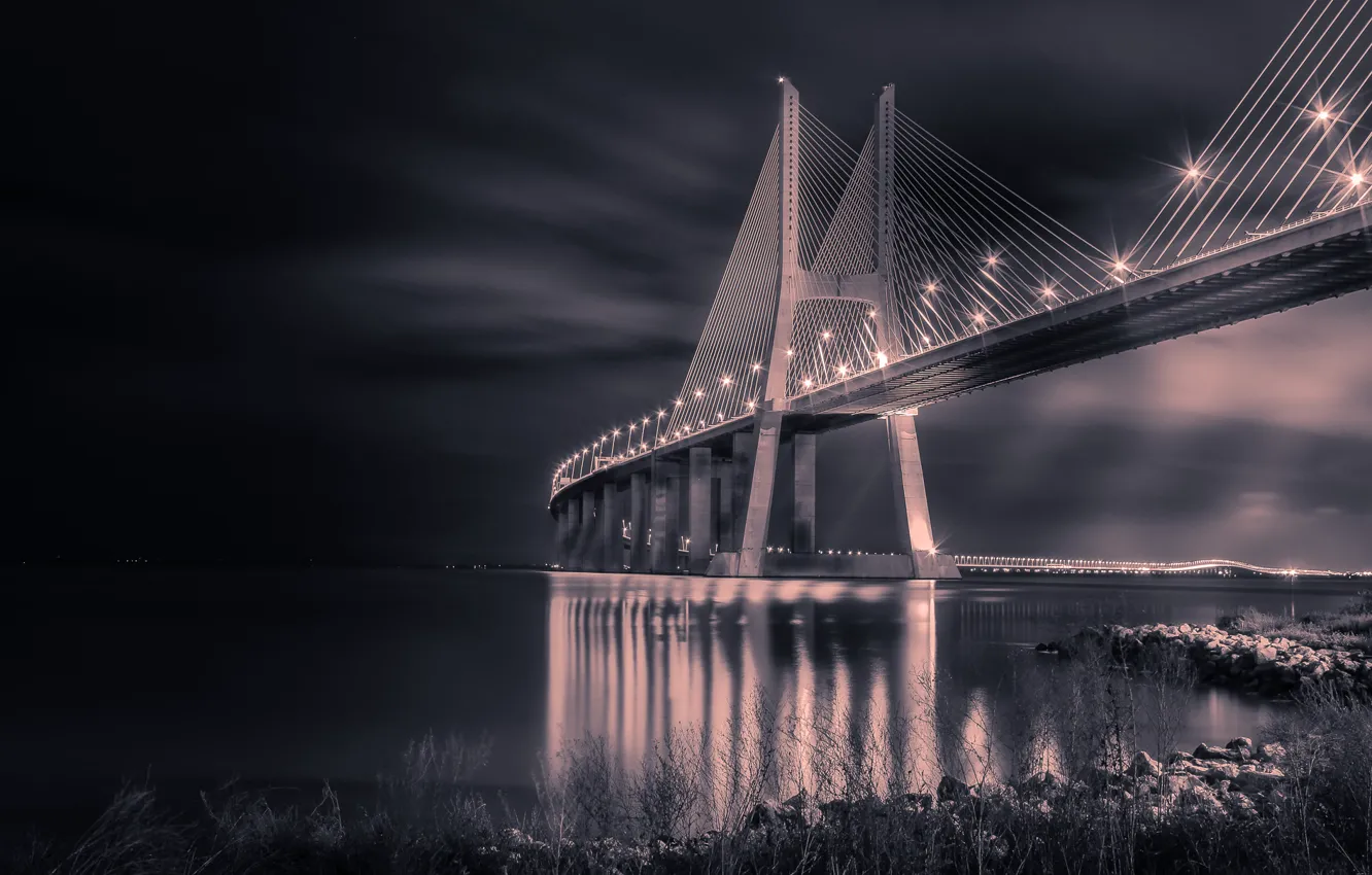Photo wallpaper night, bridge, lights, support, Portugal