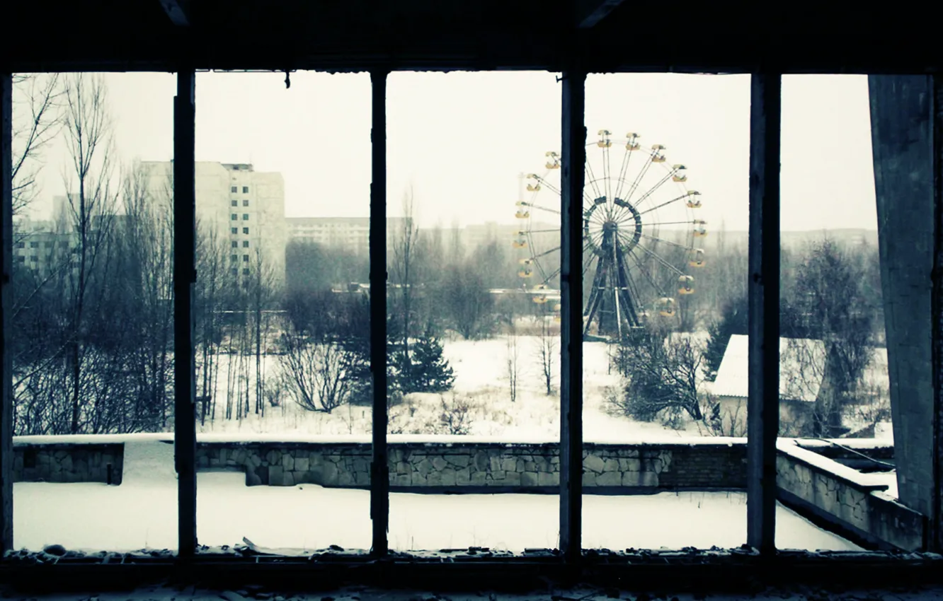 Photo wallpaper snow, trees, home, window, carousel, Pripyat, area