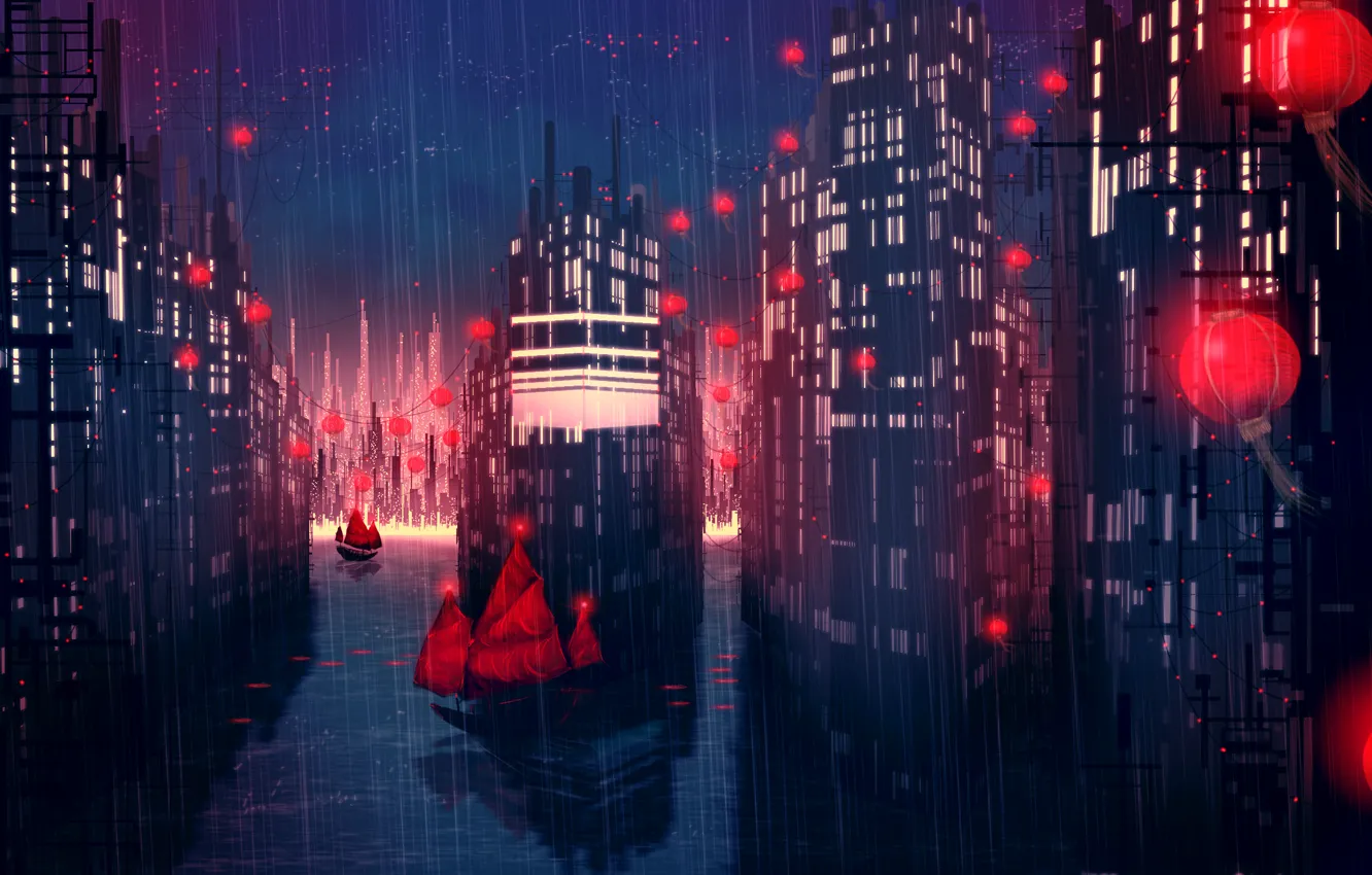Photo wallpaper night, the city, rain, ships, art, lights, red, East