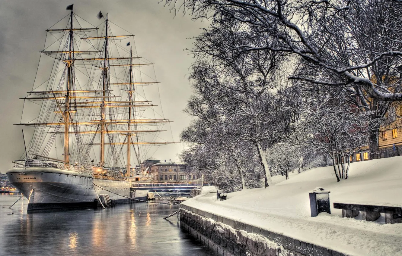 Photo wallpaper winter, snow, the city, ship, hdr, Sweden