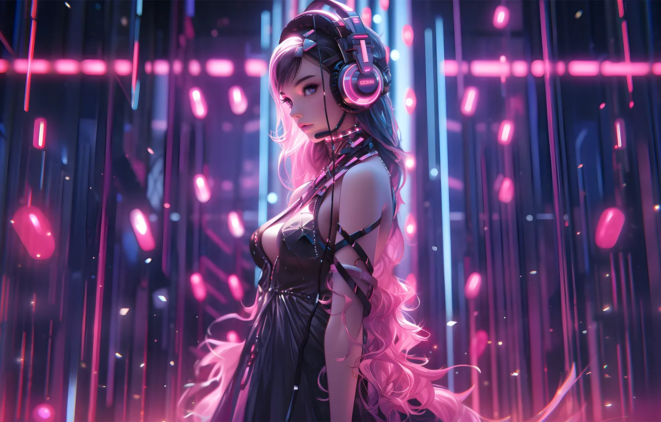 Photo wallpaper girl, lights, headphones, neckline, beauty, digital art, digital art, headset