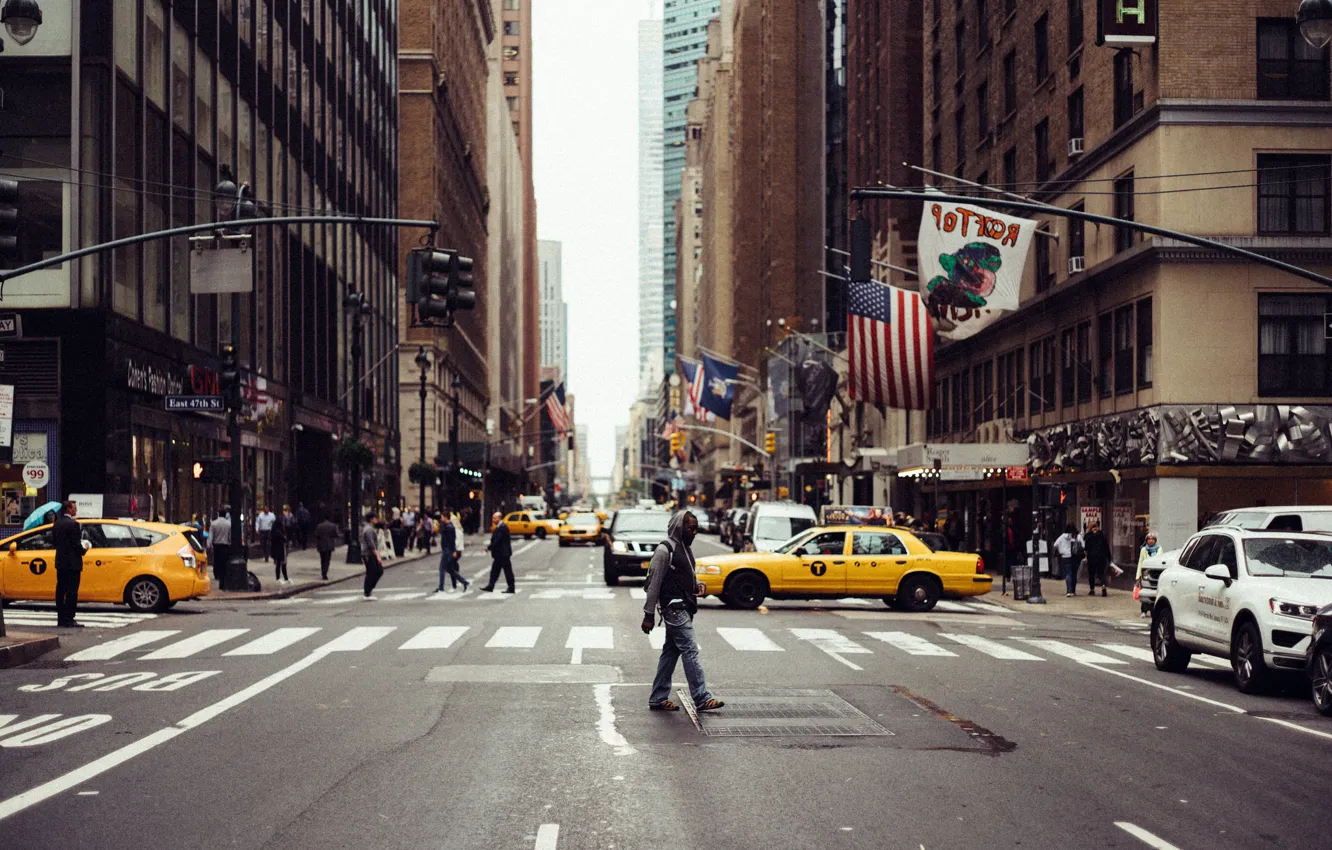 Photo wallpaper cars, New York, Manhattan, street, people, skyscrapers, cityscape, urban scene