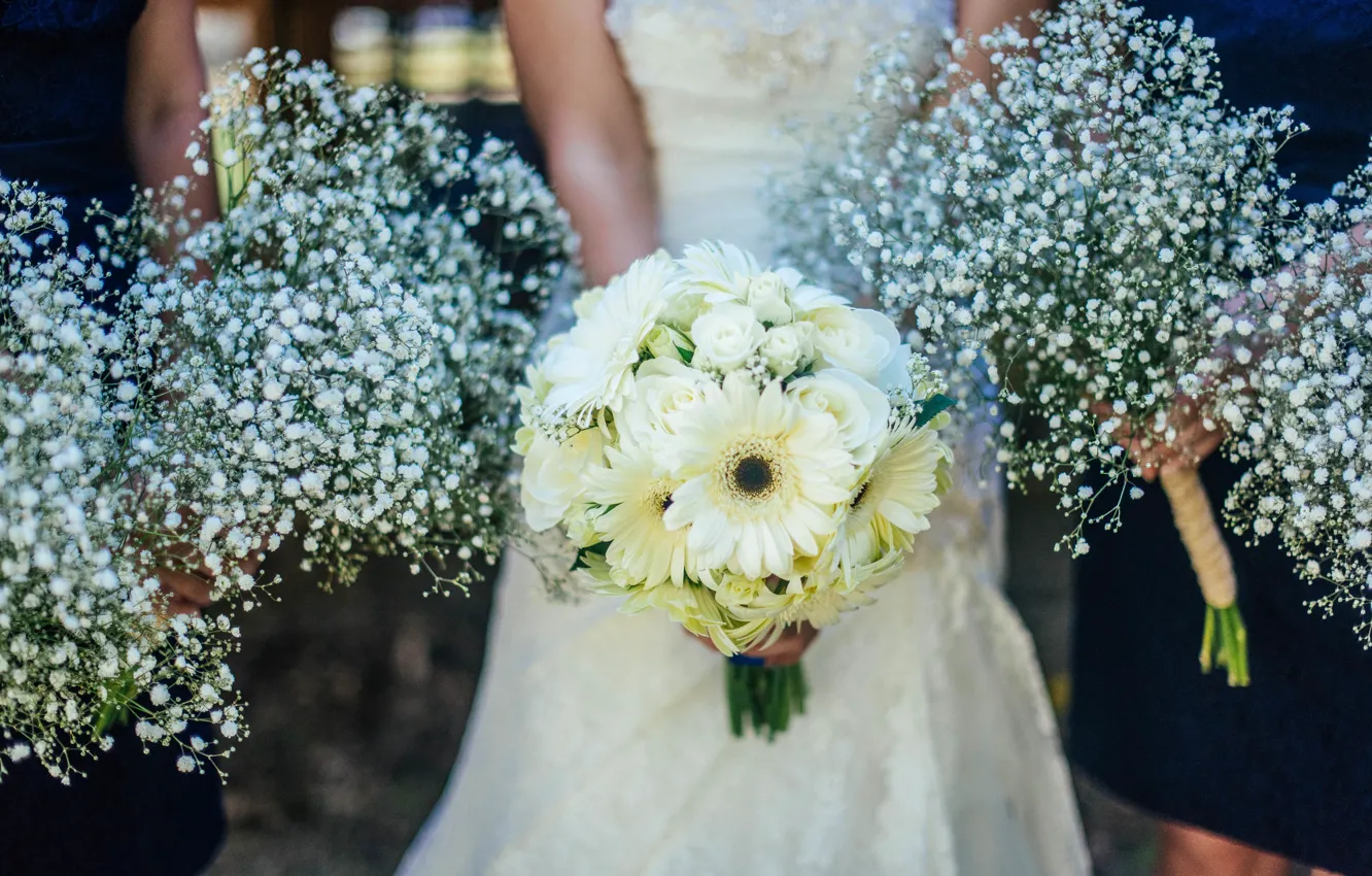 Photo wallpaper flowers, white, the bride, wedding bouquet, bridesmaids